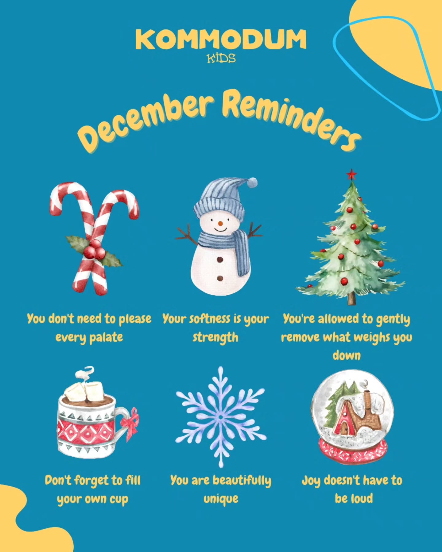 December can bring many things at once: moments that feel magical, moments that feel overwhelming, and moments where we’re just trying to keep up. If this month already feels “big,” you’re not alone.
Here’s the reminder to keep coming back to:
You don’t have to match the season; you just have to meet yourself.
Not the version you “should” be.
Not the version everyone expects.
Just the you who’s here today.
And when things feel busy or emotional or simply a lot, try this:
✨ Pause for one slow breath.
✨ Name what’s here without fixing it.
✨ Offer yourself the same warmth you offer everyone else this month.
It’s okay if your December isn’t all twinkle lights.
It’s okay if it is. Both realities get to exist.
You’re doing enough. And you’re allowed to meet this season gently.
#kommodumkids #december #mindfulness #winter #reminders
