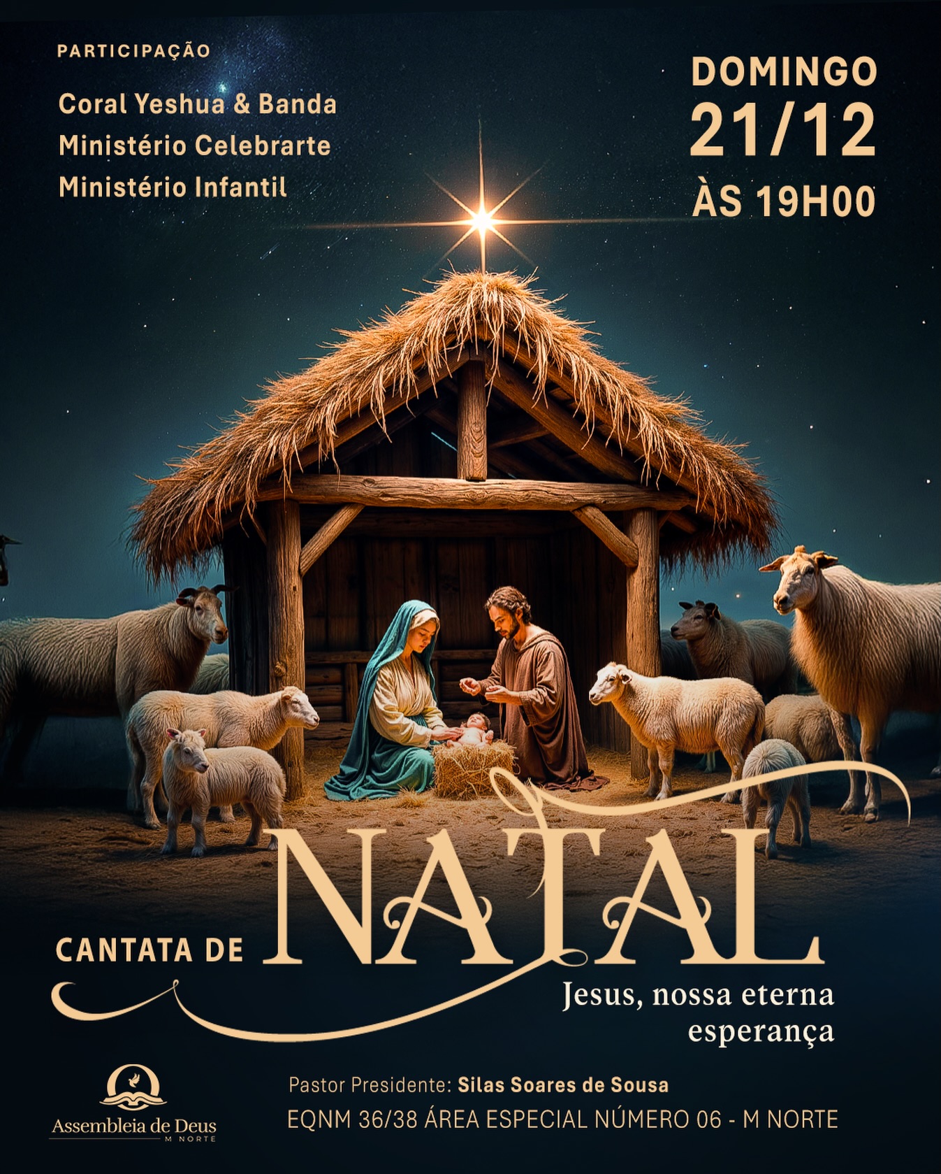Convidamos você e sua família para uma noite especial de adoração e celebração!
Venha participar da nossa Cantata de Natal e celebrar a vida de Jesus — Aquele que trouxe luz, esperança e salvação ao mundo.
Prepare seu coração e venha viver esse momento inesquecível conosco! ❤️
📅 21/12 às 19h
#CantataDeNatal #Natal2025 #JesusNossaEsperança #CelebreJesus #Adoração #NatalNaIgreja #LouvorEAdoração #Família #Igreja #AssembleiadeDeus #NoiteEspecial