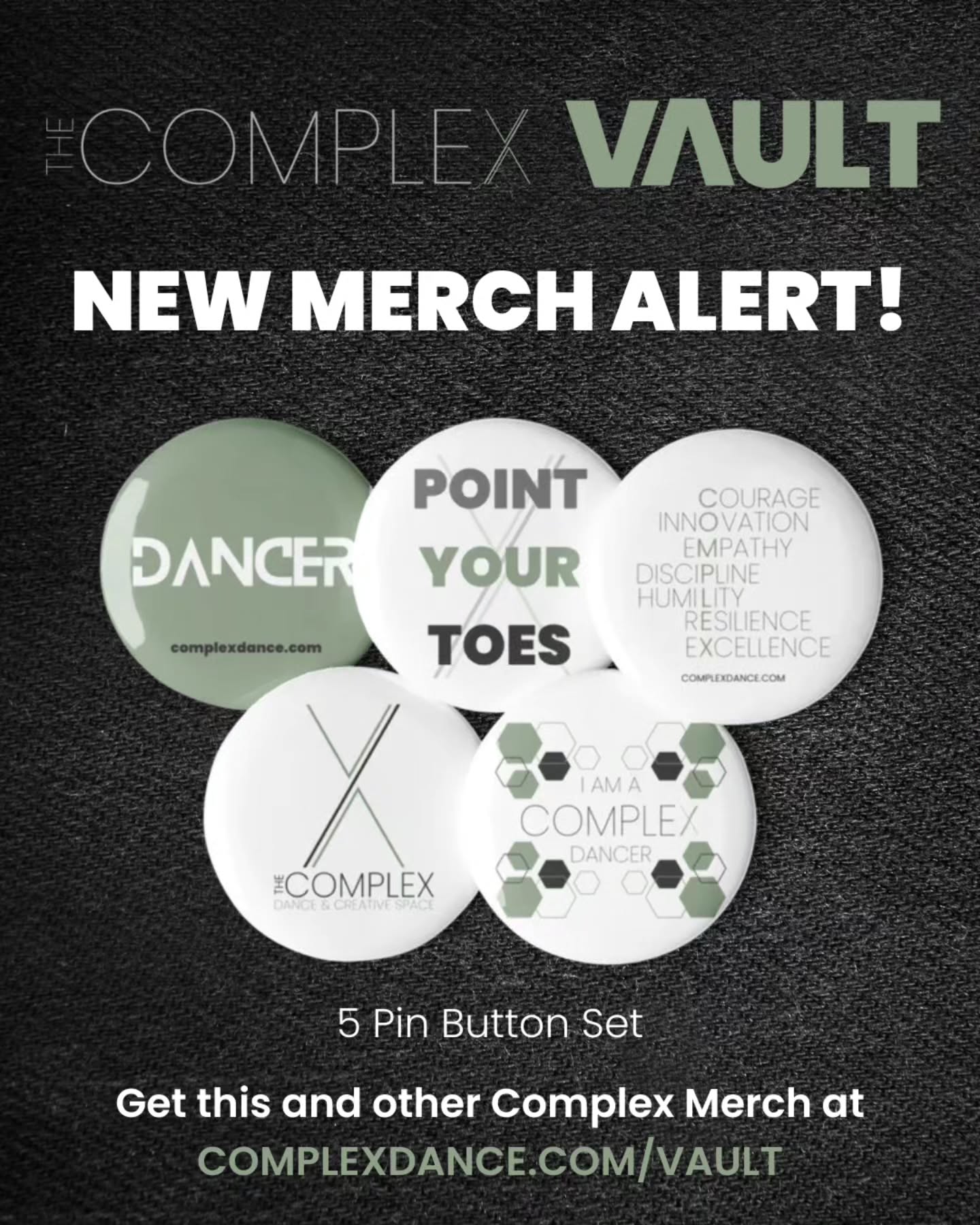 NEW MERCH ALERT
5 Pin Button Set - jackets, backpacks, you name it! Rep your studio with style everywhere you go.
.
only $11.95 (+shipping)
.
Get this and other Complex merch at complexdance.com/vault