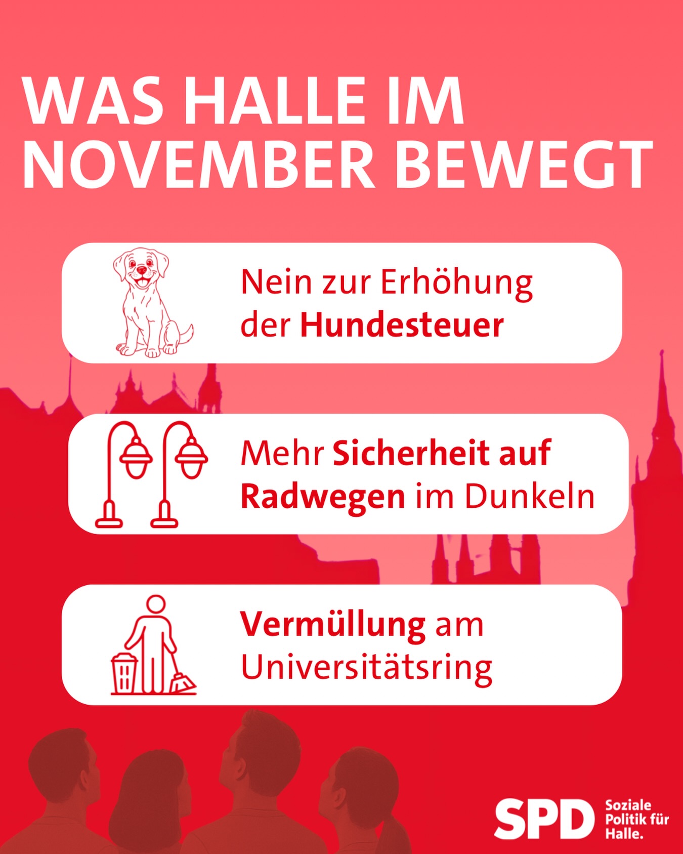 𝗪𝗮𝘀 𝗛𝗮𝗹𝗹𝗲 𝗶𝗺 𝗡𝗼𝘃𝗲𝗺𝗯𝗲𝗿 𝗯𝗲𝘄𝗲𝗴𝘁
Heute tagt der Stadtrat in seiner November-Sitzung. Die Tagesordnung ist rappelvoll, deshalb lohnt sich ein Blick auf ein paar Highlights.
Nein zur Erhöhung der Hundesteuer
Die Verwaltung will die Hundesteuer anheben. Wir sagen klar nein, denn für viele ist der Hund nicht nur ein Haustier, sondern wichtiger sozialer Kontakt und treuer Alltagsbegleiter. Gerade Menschen mit wenig Geld würden von einer Erhöhung besonders getroffen.
Mehr Sicherheit auf Radwegen im Dunkeln
Halles Radwegenetz wächst, aber es gibt immer noch Stellen, die im Dunkeln gefährlich sind. Unbeleuchtete Poller sind nur ein Beispiel für unterschätzte Gefahrenquellen. Solche Hindernisse wollen wir nach und nach beseitigen, damit Radfahren in Halle sicherer wird.
Vermüllung am Universitätsring
An vielen Ecken der Stadt sammelt sich Müll. Das sieht nicht nur schlimm aus, sondern lockt auch Ratten und andere Schädlinge an. Nach vielen Hinweisen aus der Nachbarschaft haben wir uns in diesem Monat besonders um die Vermüllung am Universitätsring gekümmert und bei der Stadtverwaltung Druck für sauberere Lösungen gemacht.