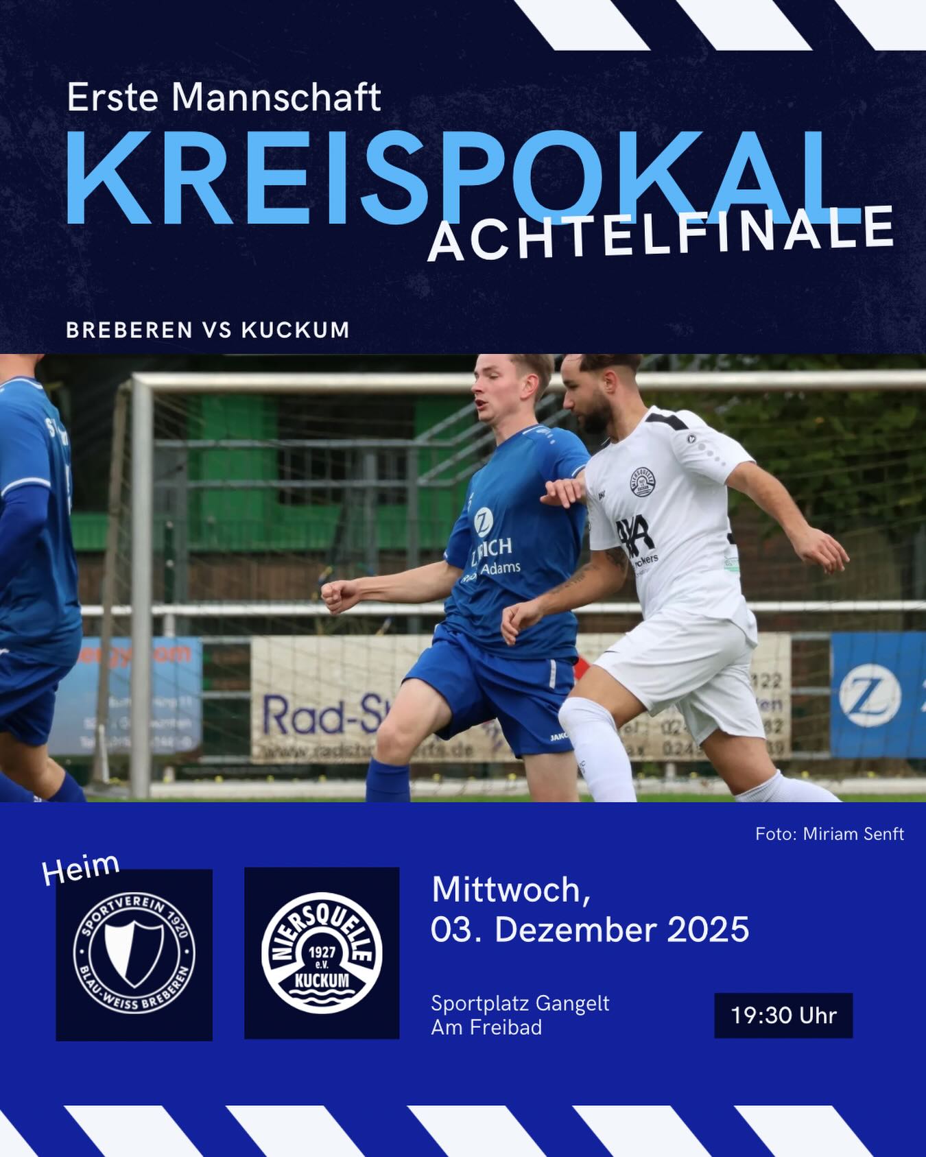 🔵⚪️ Achtelfinal-Kracher unter Flutlicht! ⚪️🔵
An diesem Wochenende ist der Kreispokal in die heiße Phase gestartet – und wir sind mittendrin! Am Mittwoch, 03.12., um 19:30 Uhr wartet auf dem Sportplatz der @sg_gangelt_hastenrath ein weiteres Highlight auf uns. Im Achtelfinale treffen wir auf den Bezirksligisten @niersquelle Kuckum.
Wir gehen als Underdog ins Duell, aber genau das macht den Pokal so besonders. 90 Minuten Kampf, Leidenschaft und alles reinwerfen – für die nächste Runde!
Kommt vorbei, bringt Stimmung mit und macht den Platz zu unserem Wohnzimmer! Gemeinsam ins Viertelfinale! 💪🏻⚽️