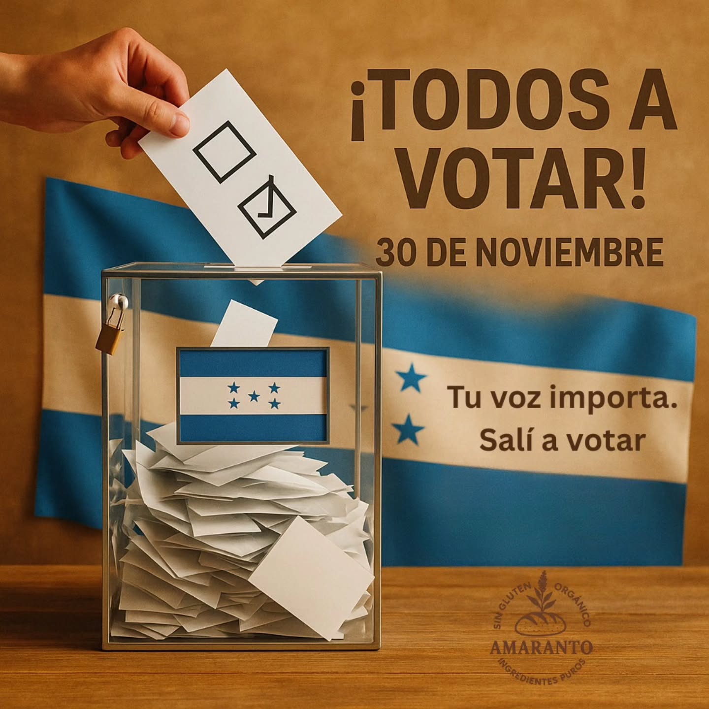 Este 30 de noviembre, tu voz importa.
En Amaranto creemos en la comunidad, en el trabajo honesto y en el poder de participar para construir un mejor país para todos.
🗳️ Salí a votar con esperanza, con responsabilidad y con convicción.
Cada voto cuenta. Cada decisión suma. Cada persona importa.
Honduras se construye entre todos.
✨ Hagamos nuestra parte.
@AmarantoBakeryHn
#HondurasVota #30DeNoviembre #ParticipaciónCiudadana #TuVozImporta #AmarantoBakeryHN #WomenOwnedBusiness #HechoConAmor