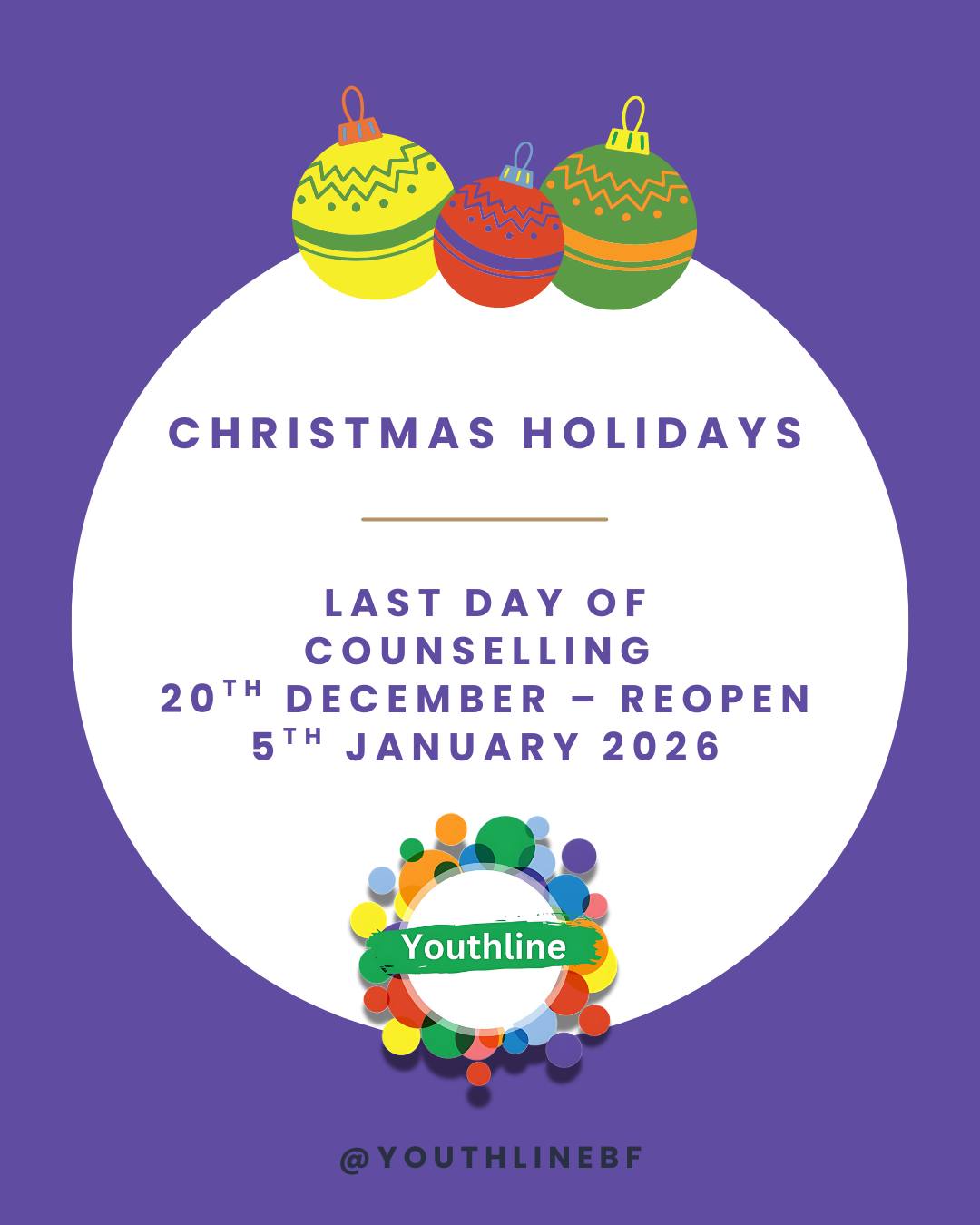 As we approach the festive season, please note that our last day of counselling sessions will be **Saturday 20th December**.
We will be taking a short break and **returning on Monday 5th January**.
If you need support during this time, please check our website for helpful resources and emergency contacts.
Wishing all our clients, volunteers, and supporters a peaceful and restorative holiday period. 💚
#xmasbreak #counselling