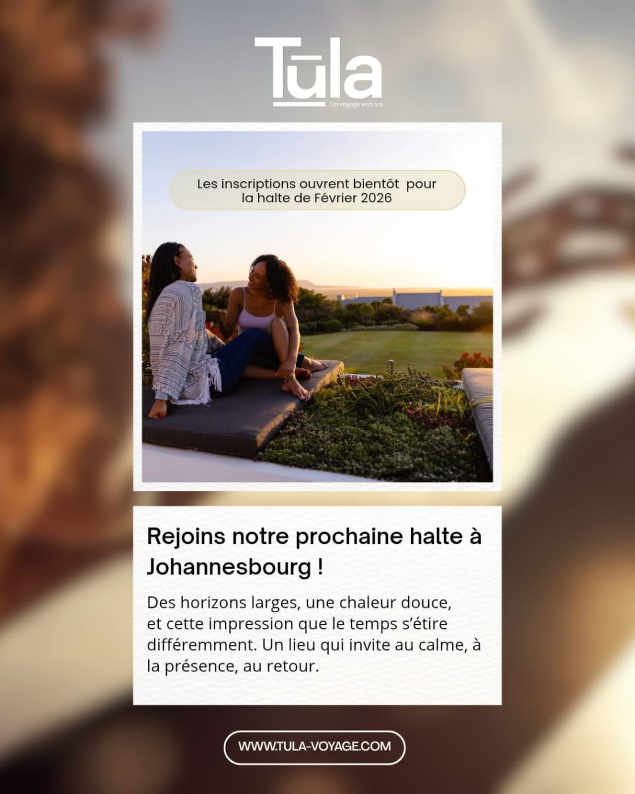 Notre première halte a une date.
Un lieu.
Une intention.
Février 2026 - Johannesburg !
Un voyage pensé pour se retrouver entre femmes, loin du bruit et des obligations.
Les inscriptions ouvrent bientôt. Reste connectée pour en savoir plus.
#TulaVoyage #RetraiteFeminine #Johanenesburg2026 #PausePourSoi #UnVoyageVersSoi