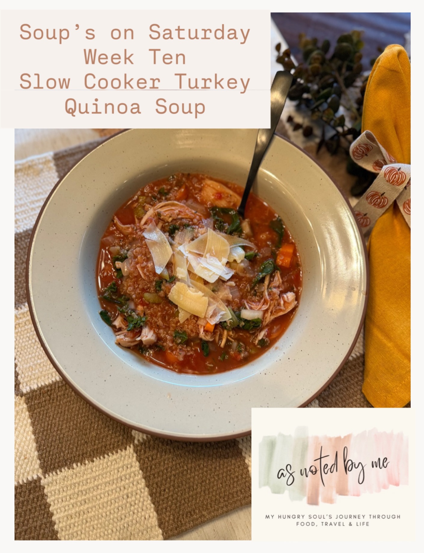 Week Ten: Slow Cooker Turkey Quinoa Soup
Light, nutritious, and protein-packed. This slow-cooked soup is filled with turkey, quinoa, kale, and vegetables—a perfect post-holiday detox or make-ahead weekday meal.
Tip: Add some beans to make it even more hearty!
There’s something magical about soup season.
As the leaves turn golden and the air gets crisp, there’s no better time to simmer something warm and comforting on the stove or in the slow-cooker.
Each week this fall, I’ll be sharing a new soup recipe that’s perfect for cozy nights, meal prepping, or curling up on the couch with your favorite blanket. You loved this series last fall so we’re back for season two!
From brothy classics to creamy indulgences, this 12-week soup series has a little something for everyone.
Find the link to this recipe (and my blog) in my bio
#asnotedbyme #soupsonsaturday #atmytable
