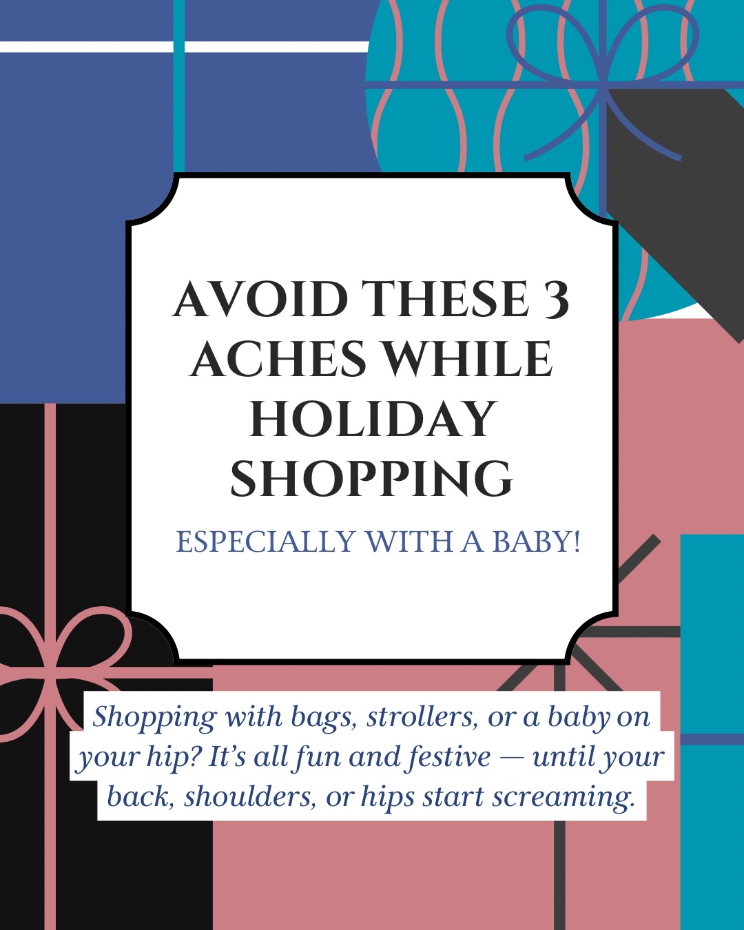 Holiday shopping with a baby? It’s basically a full-body workout 🛍️👶
But the wrong moves — holding your breath, twisting, or carrying everything on one side — can lead to back, shoulder, and hip aches.
This season, shop smarter:
💫 Exhale when lifting
💫 Switch carrying sides
💫 Roll those shoulders back
Your body will thank you long after the sales are over.
DM @blissptpilates to prep your body for the holiday hustle 💚
#BlissPTandPilates #PhillyMoms #PrenatalPilates #PostpartumWellness #PelvicFloorTherapy #HolidayShopping #MomLife #PhillyMama #PilatesPhilly #BodyAwareness