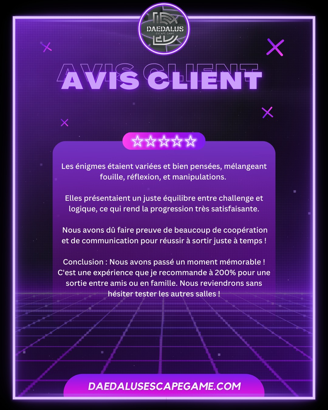 💬 𝗔𝗩𝗜𝗦 𝗖𝗟𝗜𝗘𝗡𝗧 💬
Vous savez ce qui nous passionne autant que nos énigmes ?
✨ 𝓥𝓸𝓼 𝓪𝓿𝓲𝓼 ✨
L'équipe Daedalus vous remercie grandement pour votre soutien ! 💜
__________________
🌐 https://bit.ly/daedalusescapegame
📱 0633447032
☎️ 0984483171
#escape #escapegame #escaperoom #parcours #loisirs #jeu #jeux #blois #loiretcher #famille #amis #ami #barajeux #loire #jeudesociete #valdeloire #chateaudelaloire #loireavelo #bloismaville #valducher #sologne #vendome #sortiren41 #bloischambord #bloiscity #maisondelamagie #visiteblois #bloistourisme #avis