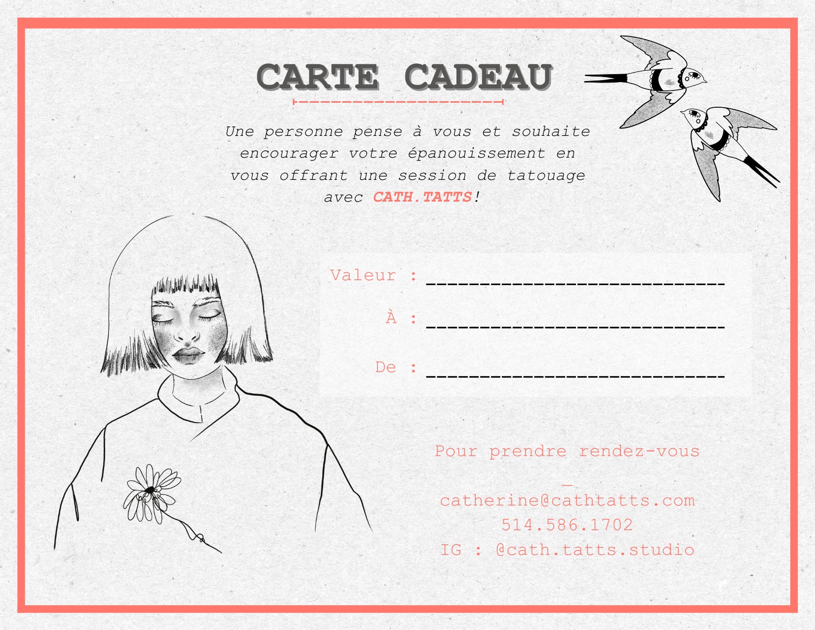 Bon début décembre tout le monde!
C'est le temps de penser plus sérieusement aux cadeaux de Noël!
Pourquoi ne pas offrir une petite carte cadeau pour quelqu'un qui caresse l'idée de se faire tatouer?
L'achat d'une carte cadeau en ligne est maintenant possible!
Un 15% de rabais est offert à la personne qui offre la carte cadeau, pour son propre projet personnel.
Bonne début de saison des festivités !
Ici pour la transaction --> https://www.cathtatts.com/gift-card