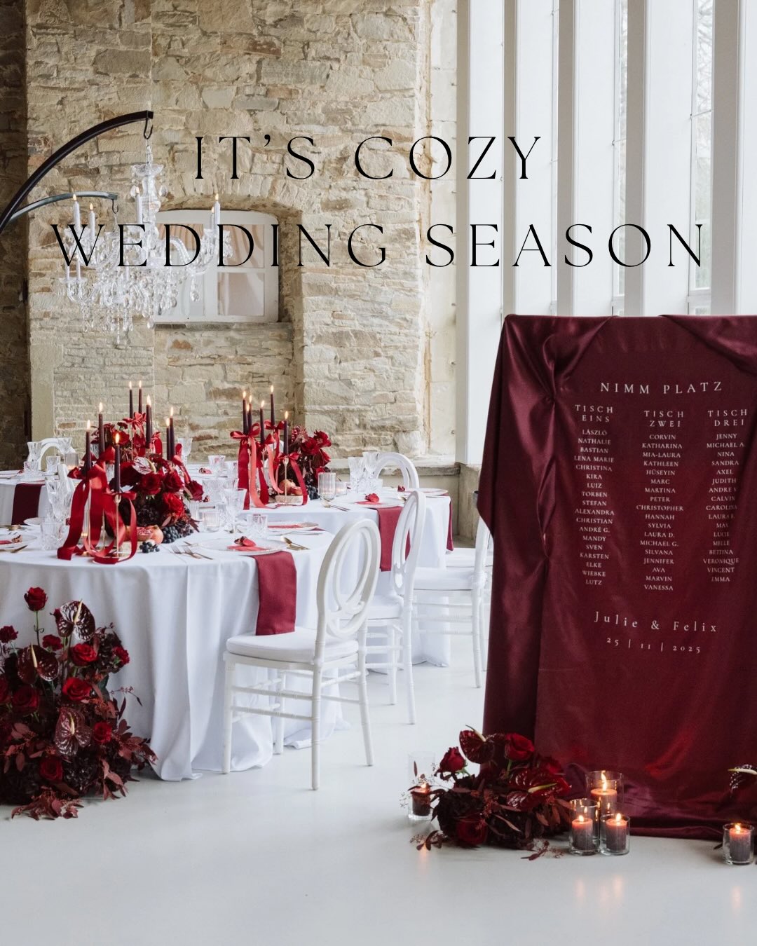 Ja - auch Winter ist Wedding Season. Wenn es draußen kalt wird, drehen wir drinnen richtig auf.
Im Winter wird alles langsamer, gemütlicher und achtsamer. Und diese Stimmung ist so zauberhaft für Hochzeiten. Kerzen werden jetzt erst richtig stimmungsvoll und auch mit dunklen Farben und schweren Stoffen können wir jetzt richtig schön auffahren.
Ich sehe dieses Konzept vor allem von Oktober bis Februar. Aber ergänzt mit beispielsweise Rosé- oder Salbeitönen ist es auch im Sommer toll.
Planung und Konzept: @carolinardler_hochzeiten
Location: @orangerie_gut_ostenwalde
Fotografin: @medeapetersenfotografie
@pmmoments_wedding
Videograf: @amdmediafilms
Model Couple: @juulezs @antonio.de.lisi
Single Bride: @angelinanse
Floristik und Dekoration: @ivyandrose_de
Geschirr, Besteck und Gläser: @zeltemaehlmann
Stylistin: @neginsmakeup
Papeterie: @noorddesign
Brautmode: @brautmoden_wiegmann
Herrenausstatter: @kramer_hannover
Hochzeitstorte: @delicious_cake_bremen
Kronleuchter: @kiana_events
Livezeichnerin: @farbmomentebynica
Brautschmuck: @schmuck.bluete
Trauringe: @verspoor_trauringe
#hochzeitsdeko #hochzeitsfloristik #glamorouswedding
ELEGANTE HOCHZEITSDEKO
HOCHZEITSDEKO
BURGUNDY WEDDING