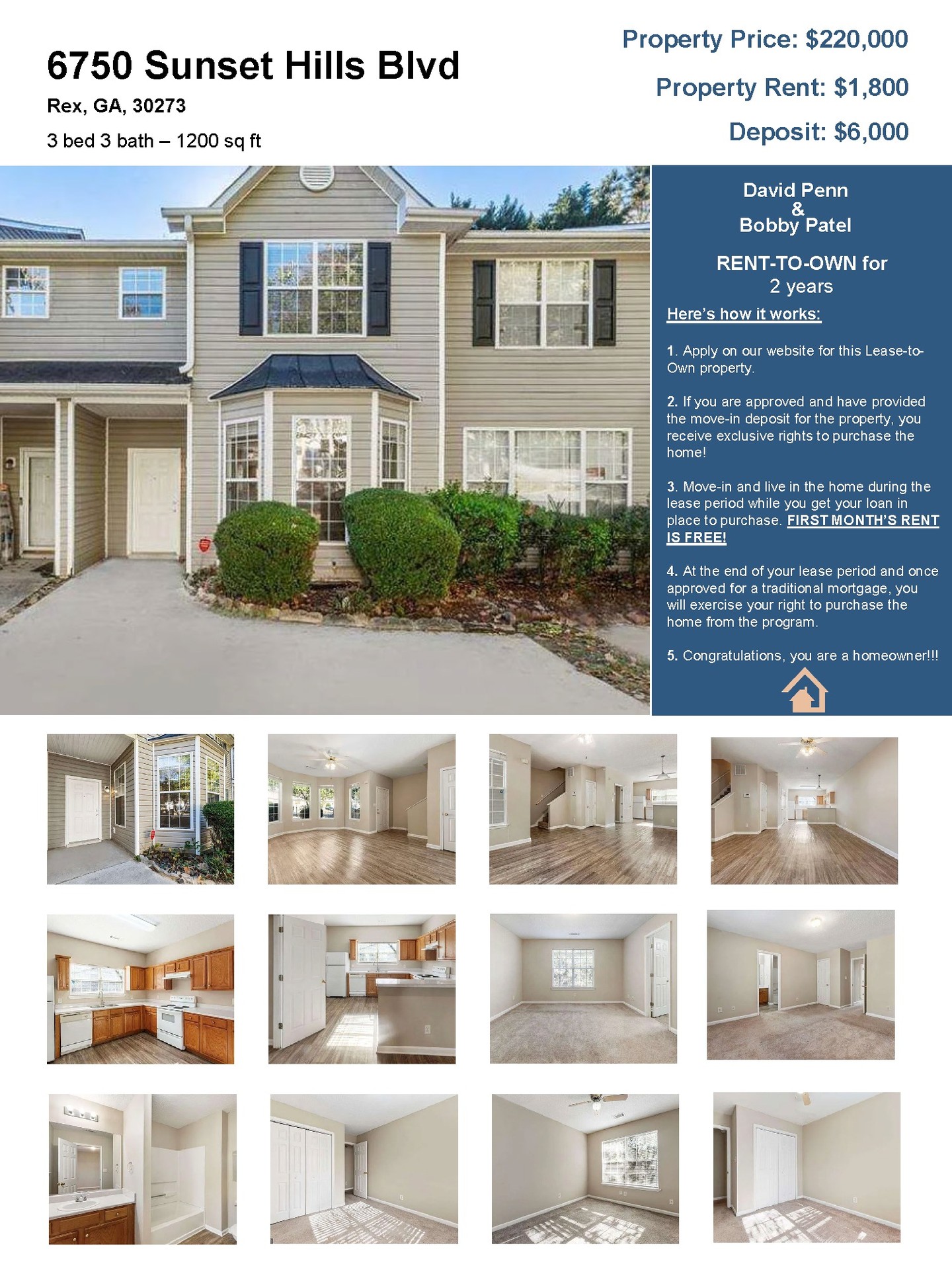 3 bed 3 bath- 1200 ft2 - $1800 / Lease-to-Own #leasetoown #atlanta #renttoown
Lease-to-Own this beautifully maintained 3-bedroom, 2.5-bath townhome located in a peaceful community in Rex. Offering the perfect combination of modern comfort, space, and convenience, this home is ideal for first-time buyers, growing families, or investors. The open-concept main level features a spacious family room that flows seamlessly into the dining area and kitchen - perfect for entertaining or everyday living. The bright kitchen includes ample counter space, generous cabinetry, and a cozy eat-in nook for casual dining. Upstairs, the primary suite serves as a private retreat with a double vanity, relaxing soaking tub, and separate shower. Two additional bedrooms provide plenty of room for guests, family, or a home office. A laundry room conveniently located upstairs adds to the home's functionality. Enjoy your morning coffee or unwind in the evening on the covered walk-out patio, which includes extra storage and overlooks a peaceful backyard. Located just minutes from Interstate 675, this townhome offers easy access to shopping, dining, and schools, making it an excellent choice for commuters and those seeking a low-maintenance lifestyle.
You qualify for this property if the below describes you:
- You make 3x the rent in monthly (gross) income
- No felony convictions within the last 4 years
- No evictions within the last year
- Funds for Move-In Deposit
- No pending bankruptcy
- 550+ MINIMUM credit score
