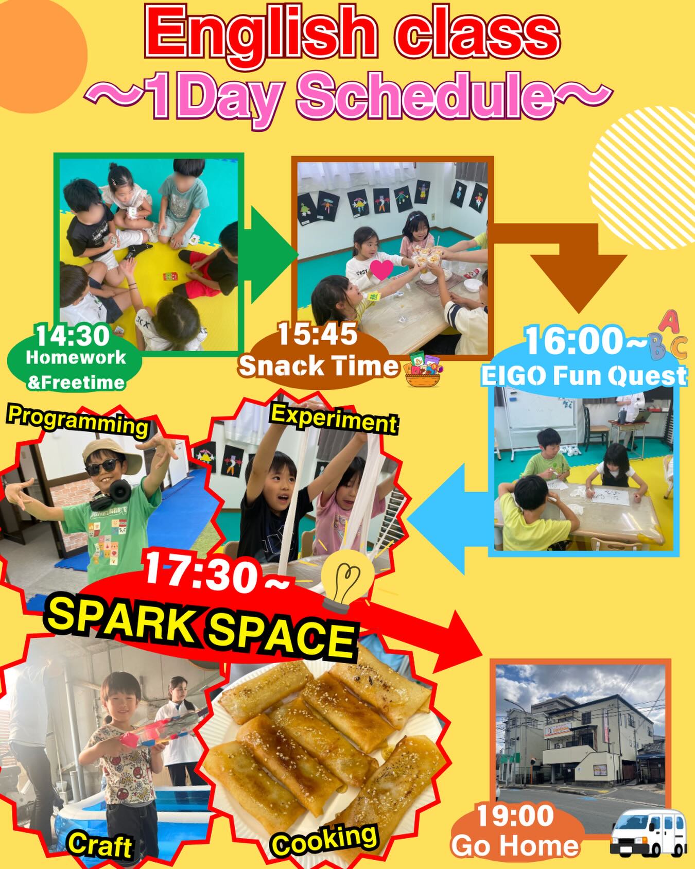 English classの1日のスケジュール🗓️
学校から帰ってきたあと19時まで、遊びを通して英語を学んでいきます🎉
EIGO Fun Questでは、
英語の読み、発音のルールを学ぶフォニックスや
英検対策が自然とできる子ども達に大人気の
Ipadを用いたEnglish Gameなど様々な能力を身につけます✨✨
そしてSPARK SPACE💡
では子ども達のひらめきを大切にした、様々なアクティビティにチャレンジ!!😊
クッキングや工作、プログラミングに実験🧪!!
様々な活動に挑戦し、時には失敗することもありますが、
その『失敗』を沢山することで、
よりよい『ひらめき』が生まれると信じています!!
秋にはお客さんを呼んでのHalloween eventも大成功し、
子ども達はとても大きな達成感を感じていました。
こういった活動を通して、楽しみながら英語を学び、
英語ができて更に楽しめることを目標に取り組んでいます!!
#民間学童 #高槻市 #習い事