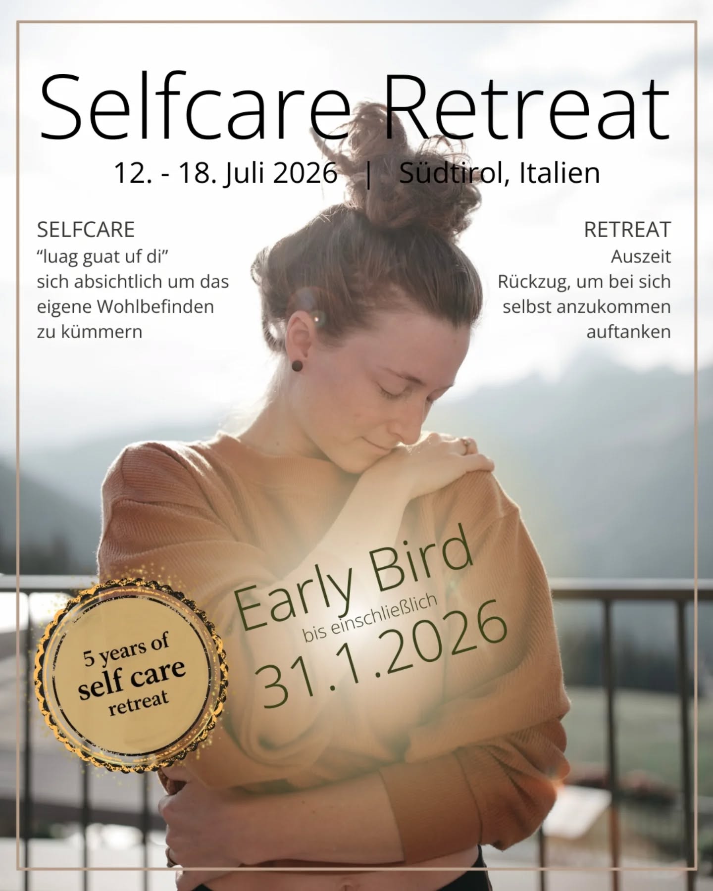 First Call: Selfcare Retreat Südtirol - 5-jähriges Jubiläum 🥳 - Anmeldung offen & EARLY BIRD bis 31.01.2026 🐦
Anmeldung via Link in Miris Bio 💻
Fragen direkt an uns 😊