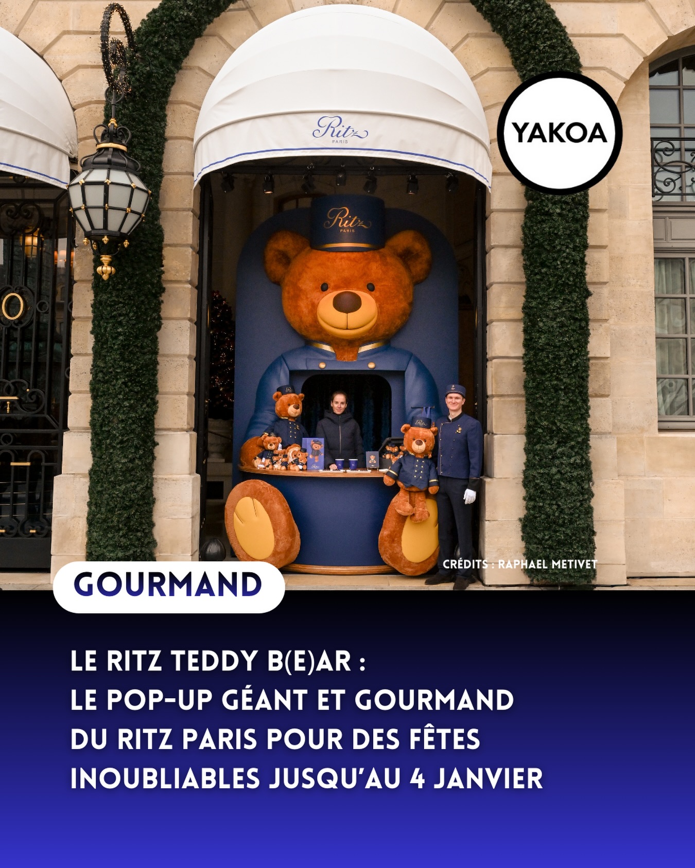 Imaginez un Noël encore plus magique que d’habitude ! Cette année, le Ritz Paris a installé un énorme ourson groom, haut de 2,50 mètres, juste sous le péristyle de l’hôtel. Son nom ? Le Ritz Teddy B(e)ar. Une création unique à découvrir sur la Place Vendôme jusqu’au 4 janvier 2026. Autour de ce adorable ours, on peut s’offrir une pause ultra gourmande. Le Ritz propose un goûter à emporter, avec son célèbre chocolat chaud : un cacao Venezuela 70 %, super onctueux, riche en arômes épicés et floraux. Et surtout, une nouveauté qui va faire fondre tout le monde : l’ourson guimauve, un mélange parfait de chocolat Équateur 64 %, d’une guimauve toute légère et d’un caramel à la vanille de Madagascar. À savourer en flânant place Vendôme ou à offrir dans une élégante boîte bleue.
Et profitez, juste à côté, de sa boutique éphémère avec tout la collection d’oursons : petits, moyens, grands… il y en a pour tous.
——————-
🐻 Le Ritz Teddy B(e)ar jusqu’au 4 janvier
15 Place Vendôme - Paris 1er
Ouvert tous les jours de 12h00 à 20h00,
sauf les 24 et 25 décembre fermeture à 18h00
Chocolat chaud Ritz Paris : 9 euros
Ourson guimauve : 9 euros
#ritzparis #placevendome #christmasinparis #parisluxury #noelaparis #parischristmas #luxuryhotelsoftheworld