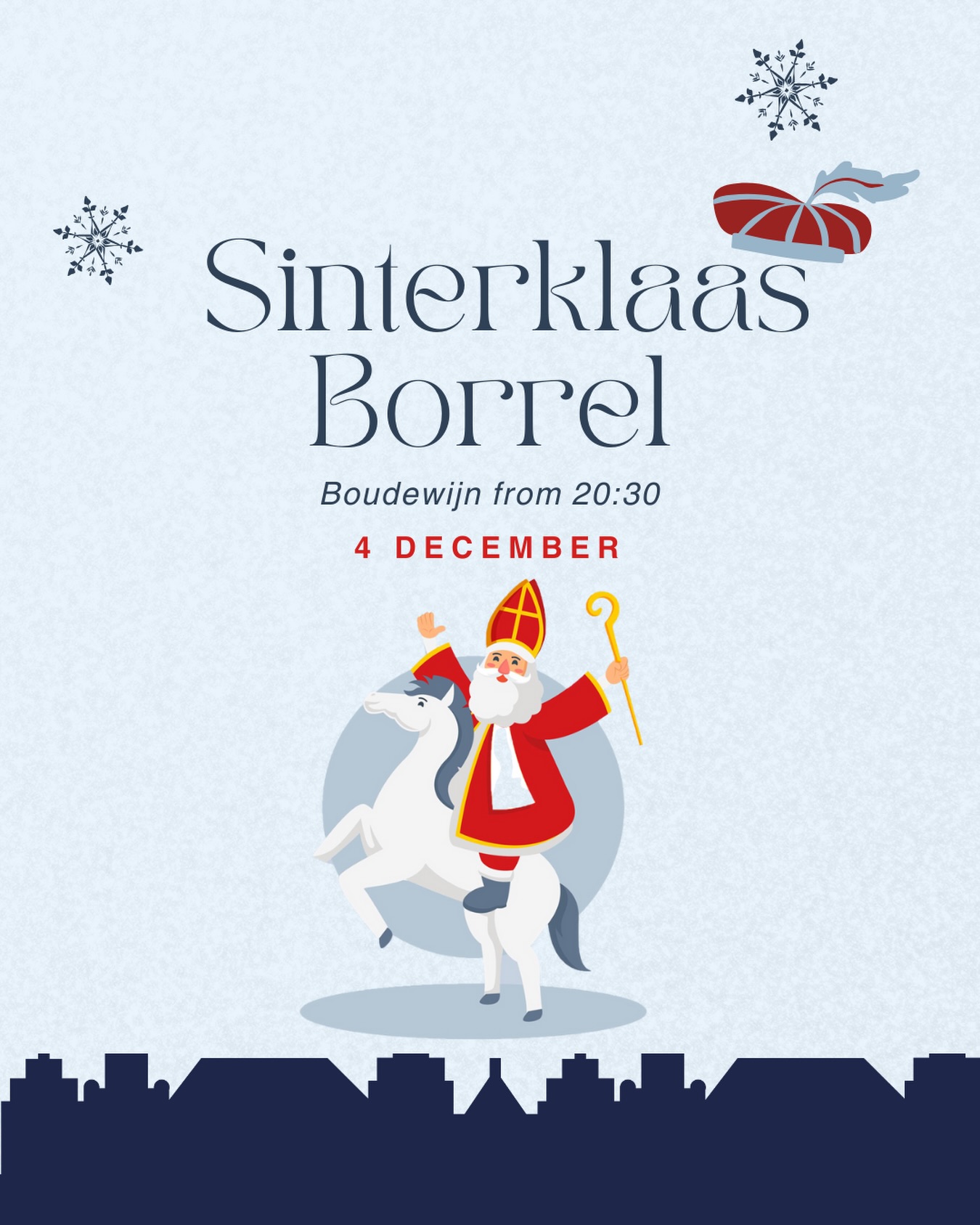 ๐ Sinterklaas borrel ๐
Thursdays drink will be in the theme of our old Dutch tradition! Sinterklaas and his helpers walk across the roofs and delivers presents if youโve been good this year ๐คญ
Will we see you at Cafรฉ Boudewijn? Starting from 20:30 onwards ๐