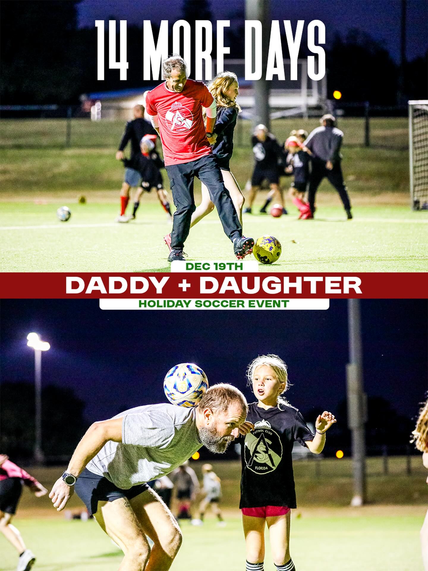 14 more days until our second annual Daddy + Daughter event!!! This event is free for all families. We will have Santa hats, cookies, and hot chocolate there. Make sure to register at warnersoccer.com.