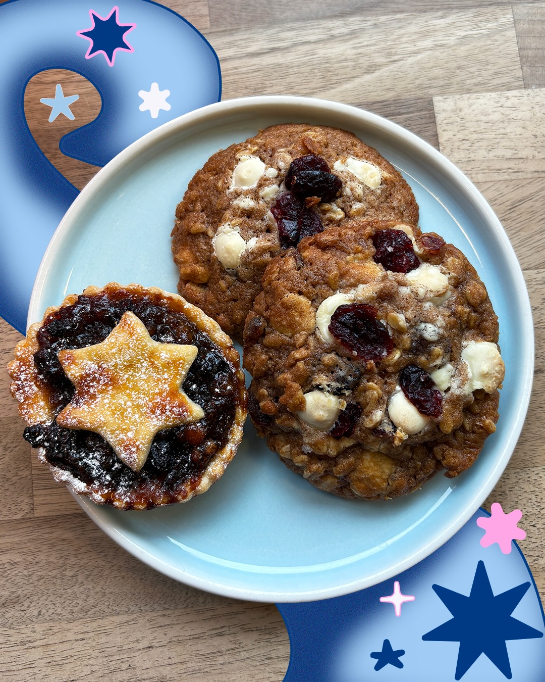 XMAS TIME CALLS FOR NEW BAKES ✨❤️ we’ve added mince pies to the rotation for the season & there’s a new christmas cookie in town ‼️ oat cookies with white choccy chips and cranberries. Happy snacking 🌟🤭