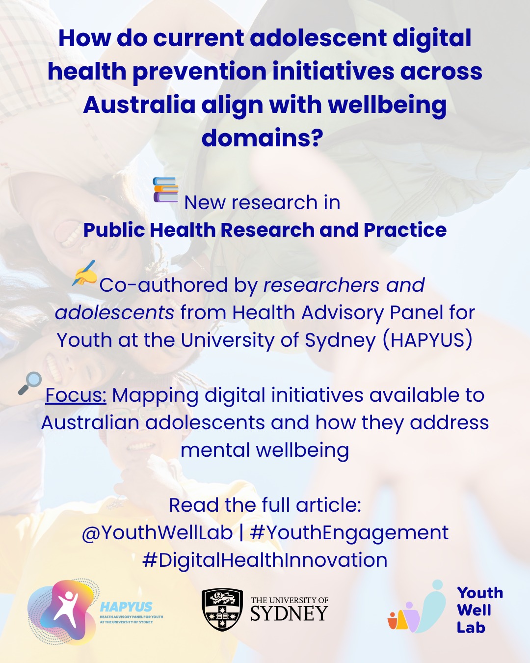 📣 New publication alert!
Our latest study led by 2 of our MND public health placement students and co-authored with members of HAPYUS 👏
We reviewed 21 publicly available digital health initiatives in Australia aimed at improving nutrition, physical activity, and mental wellbeing for adolescents aged 10–19.
✅ Most focused on mental wellbeing
❌ None covered all five domains of the Adolescent Wellbeing Framework
❌ Gaps in accessibility and youth-informed design remain
We need more equitable, holistic, and engaging digital solutions for adolescent health and wellbeing.
#DigitalHealth #AdolescentWellbeing #PublicHealth #Prevention #YouthHealth #MentalWellbeing