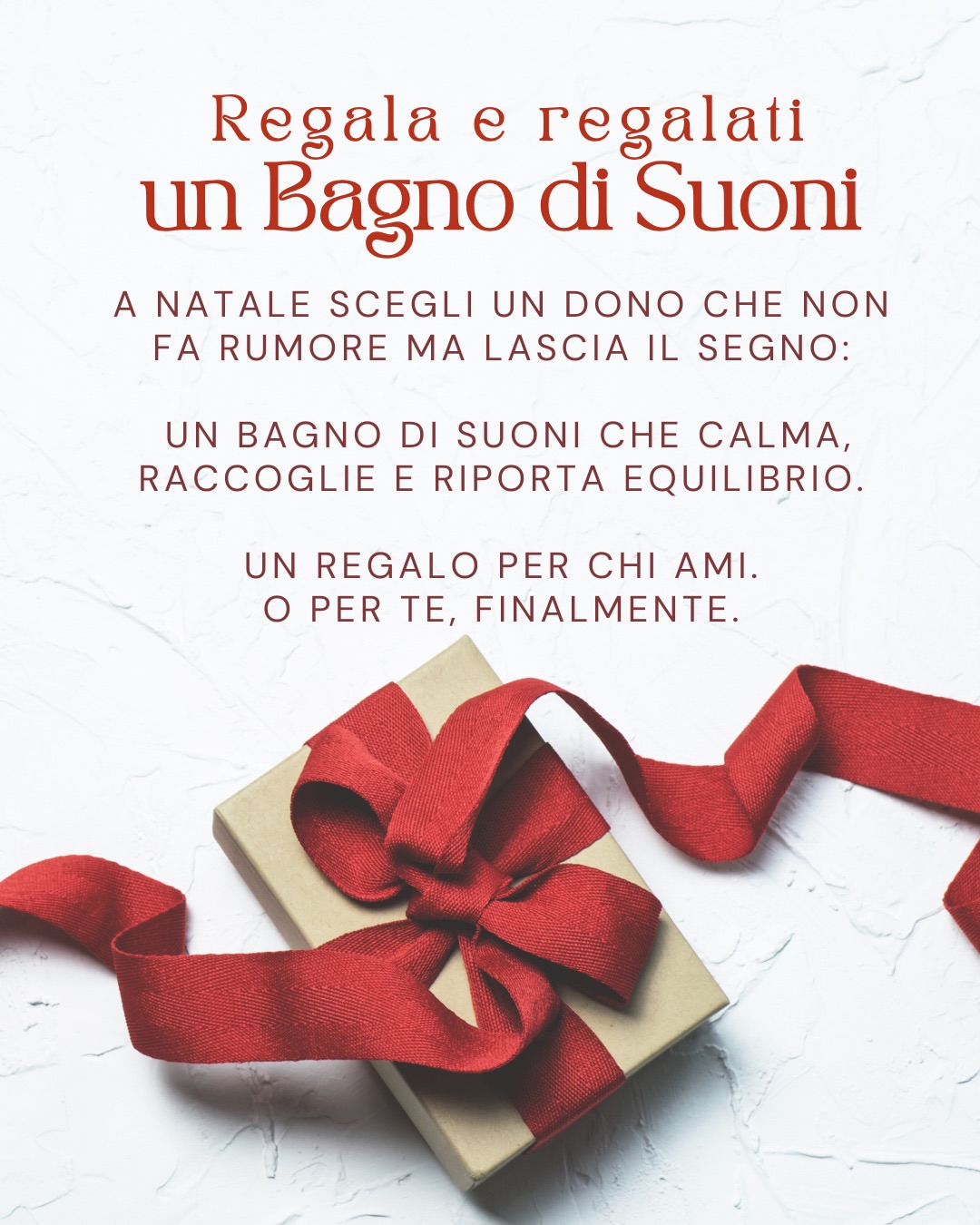 Regala o regalati il Bagno di Suoni 🎶
Regalati, 🎁o regala a chi ami 🥰🤩 un momento che sa di calma e di relax: il Bagno di Suoni, un’esperienza che avvolge il cuore ❤️e rimette in ordine l’anima. ✨
Un gesto semplice e autentico: dona benessere e presenza.
🎄 Offerte Speciali di Natale:
• 2 buoni a 45€ (anziché 50€)
• 5 buoni a 95€ (risparmi 30€!)
Validi per tutto il 2026 in qualsiasi evento con me e Alessia (ed hanno un controvalore di 25€, anche se con questa promo li paghi meno): un anno intero per ritrovare equilibrio e respiro.
🛑 Promo attiva solo fino all’8 dicembre: scrivici su
WhatsApp: 347 948 0292
#filippopigaiani #bagnodisuoni #campanatibetana #suonoterapia #handpan #suonoterapia #handpanmusic #massaggiosonoro #rigenerarsi #meditazione #starebenecosestessi #soundhealing #soundbath