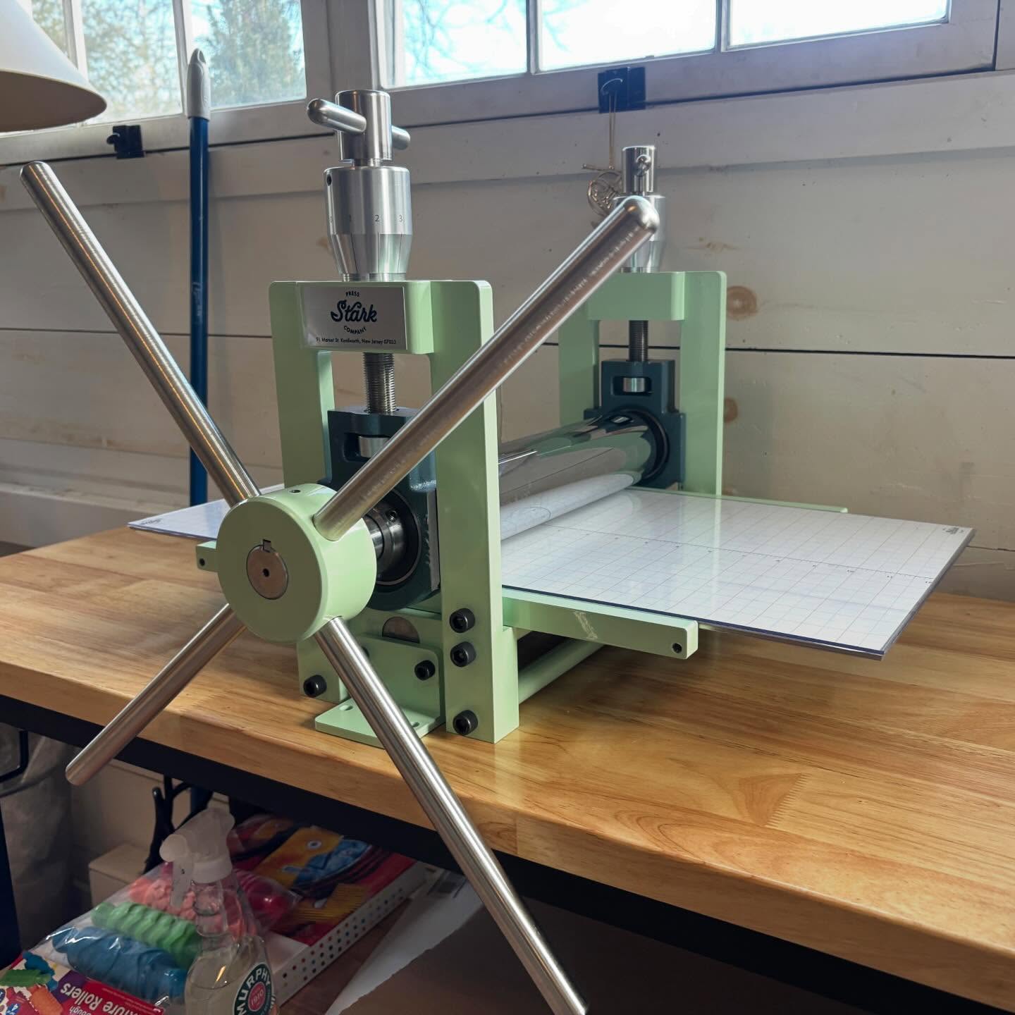 Tom took a trip up to Massachusetts today to hand deliver this sweet little mint green SPC-1224 Deluxe etching press to it’s wonderful new home. We’ve been busy getting everyone finished up before the holidays! #starkpressco #pinklinepress #printnj #etchingpress #printingpress #printmakingpress #printmaking #printing #printer #print #intaglio #reliefprint #monotype #preservationthroughproduction #tabletoppress
