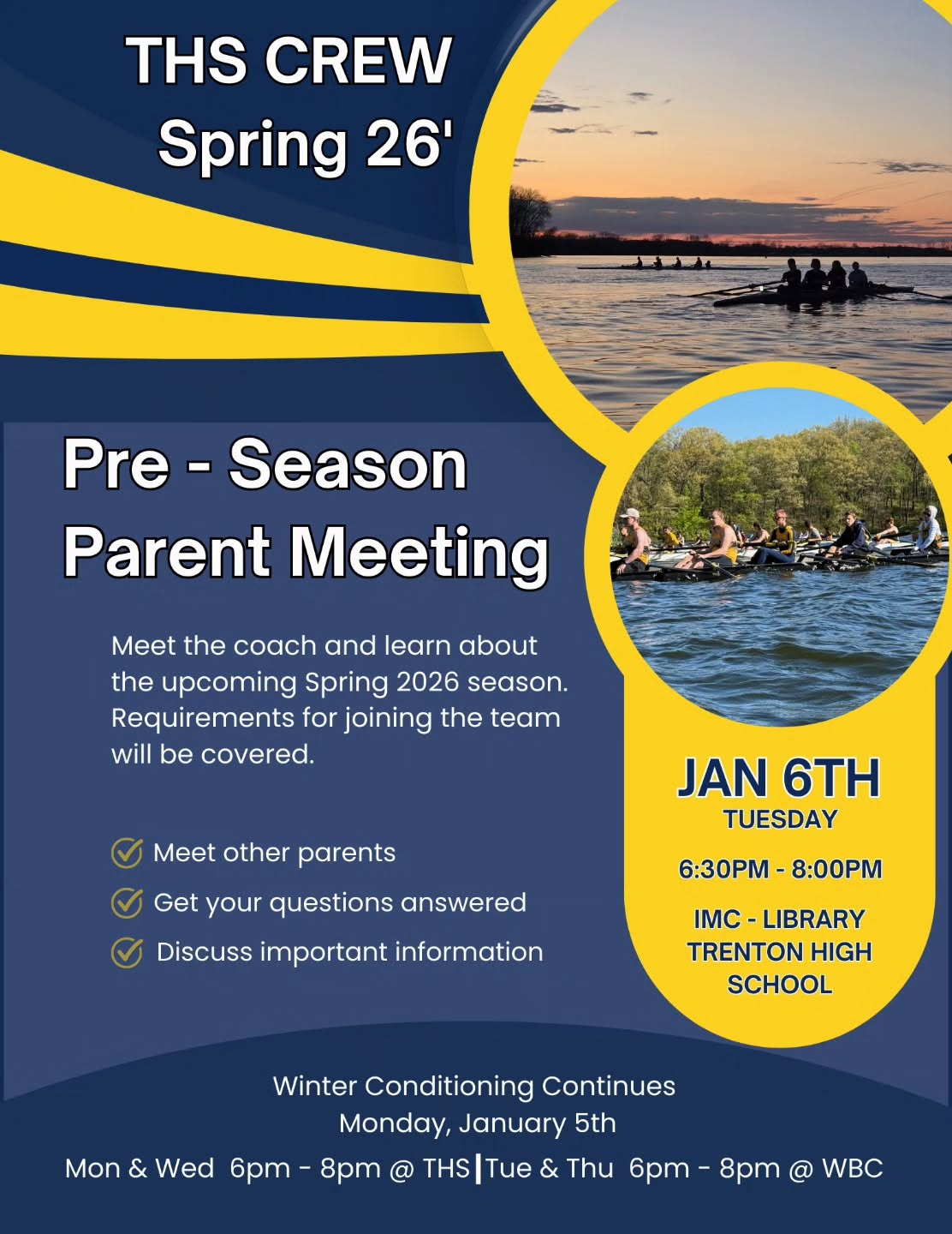 Join us for our pre-season parent meeting on Tuesday, January 6th. We will go over this upcoming Spring and what needs to be taken care of before our boats hit the water. ๐
For more info contact Coach Cam - colwellc@trentonschools.com