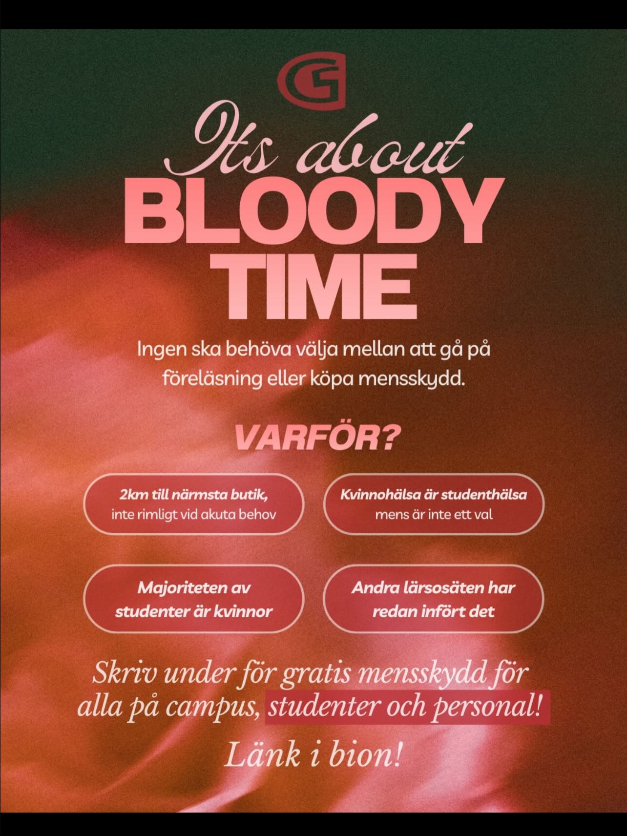 @geflestudentkar har skapat en viktig kampanj angående att införa automater med gratis mensskydd för alla livmoderbärare på högskolan.
Detta står vi i PA Gefle bakom – var med och gör skillnad. Skriv under via länken i vår profil 💜