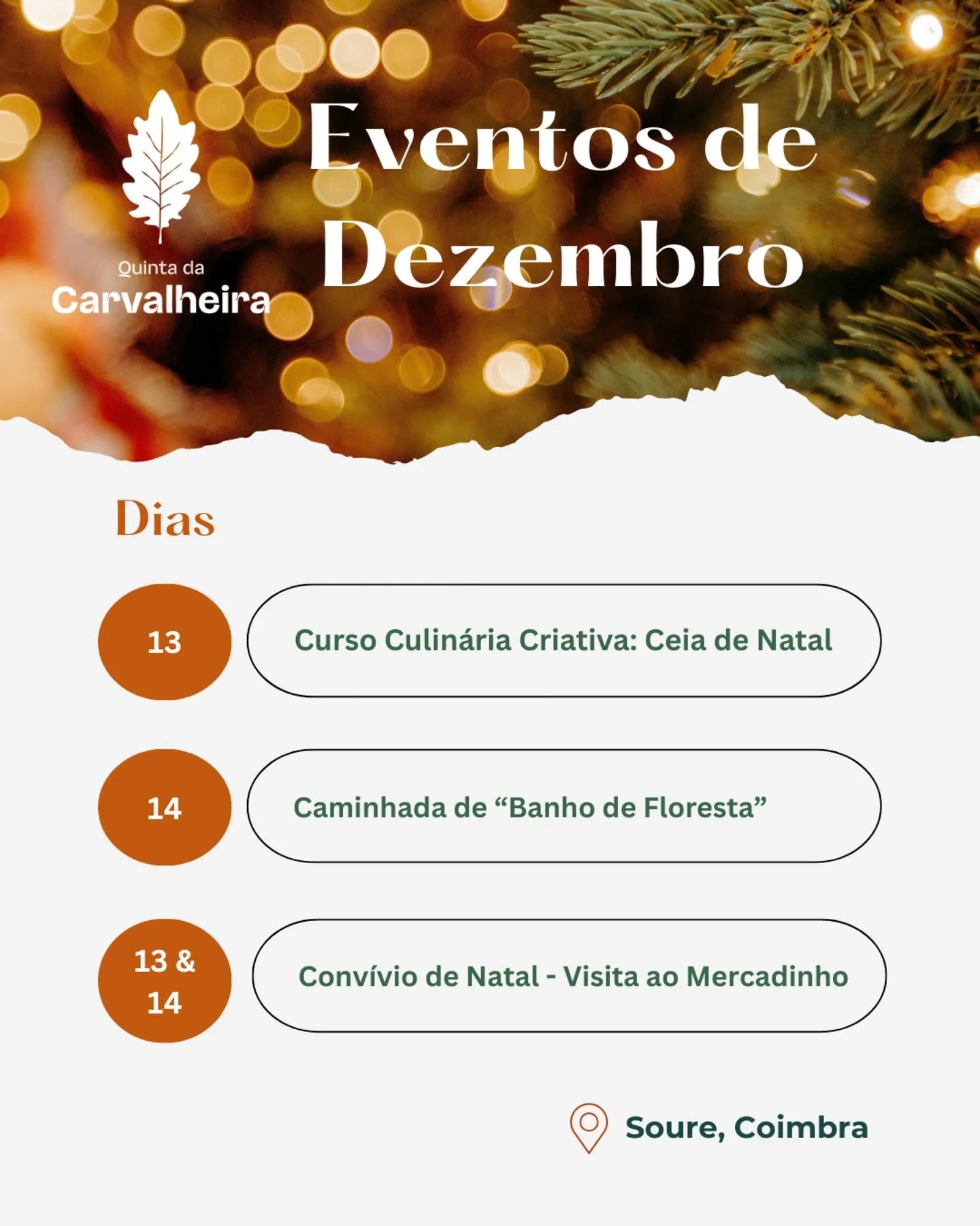 🎄 Dezembro na Quinta da Carvalheira ✨
Três momentos especiais para fechar o ano com inspiração, sabor e natureza!
👉 13 dez: Oficina Culinária - Ceia de Natal Saudável
Aprende a criar um menu natalício saudável, sazonal e delicioso com a Simone: entradas, pratos, sobremesas e dicas de decoração de mesa.
👉 14 dez - Caminhada “Banho da Floresta”
São 2h30 de caminhada com pausas e uma ligação profunda com a natureza, guiada pela Andreia na Terra.
👉 13 e 14 dez - Mercadinho de Natal em Tapeus
Organizado pela Junta de Freguesia de Tapeus, com negócios e associações locais, animação, espetáculos e atividades para todas as idades. Uma oportunidade para conhecer e apoiar a comunidade local!
Vem celebrar, aprender e regenerar connosco 🌿✨
Inscrições e mais detalhes na bio ou por mensagem privada!