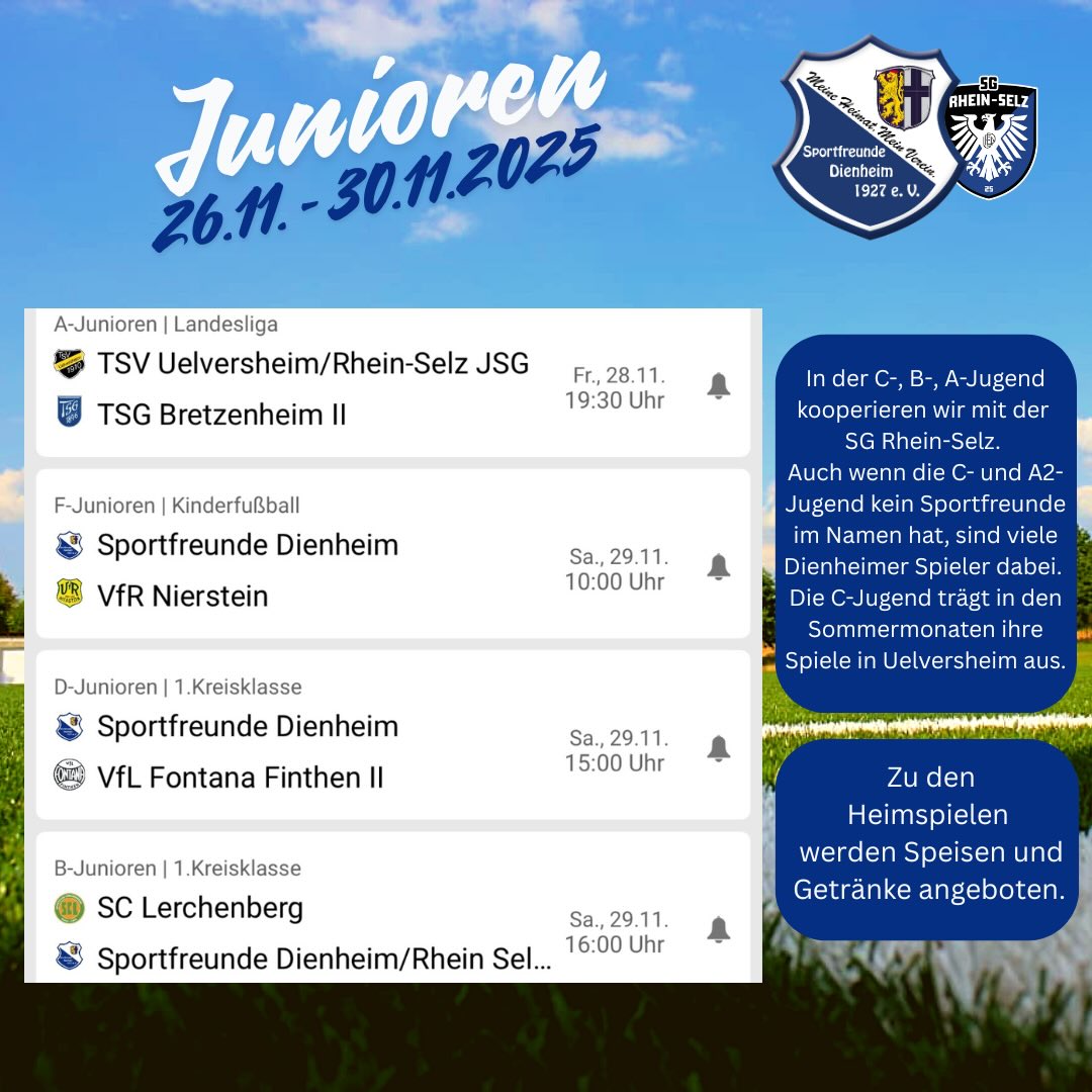 Unser Spielplan für diese Woche - aufregende Begegnungen! Wir freuen uns auf zahlreiche Zuschauer!
#sportfreunde #meineheimatmeinverein #dienheim #fussballliebe