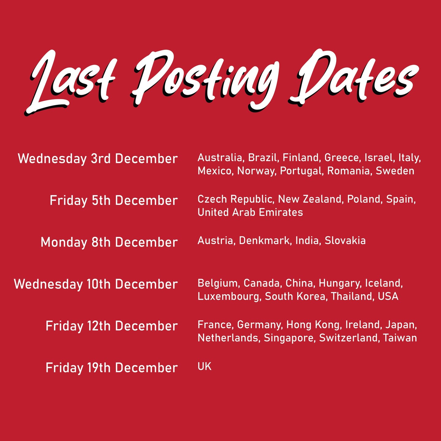 📦 Hey everyone! For those wanting to make some last minute orders before Christmas here are the last posting dates to make sure your stuff gets sent off! We can't guarantee if you place an order close to the posting date that it will get sent off.
There is express delivery options available as well.
-
#unitedbricks #minifigure #lego #minifigures #legolife #legohistory #historical #historicalminiatures