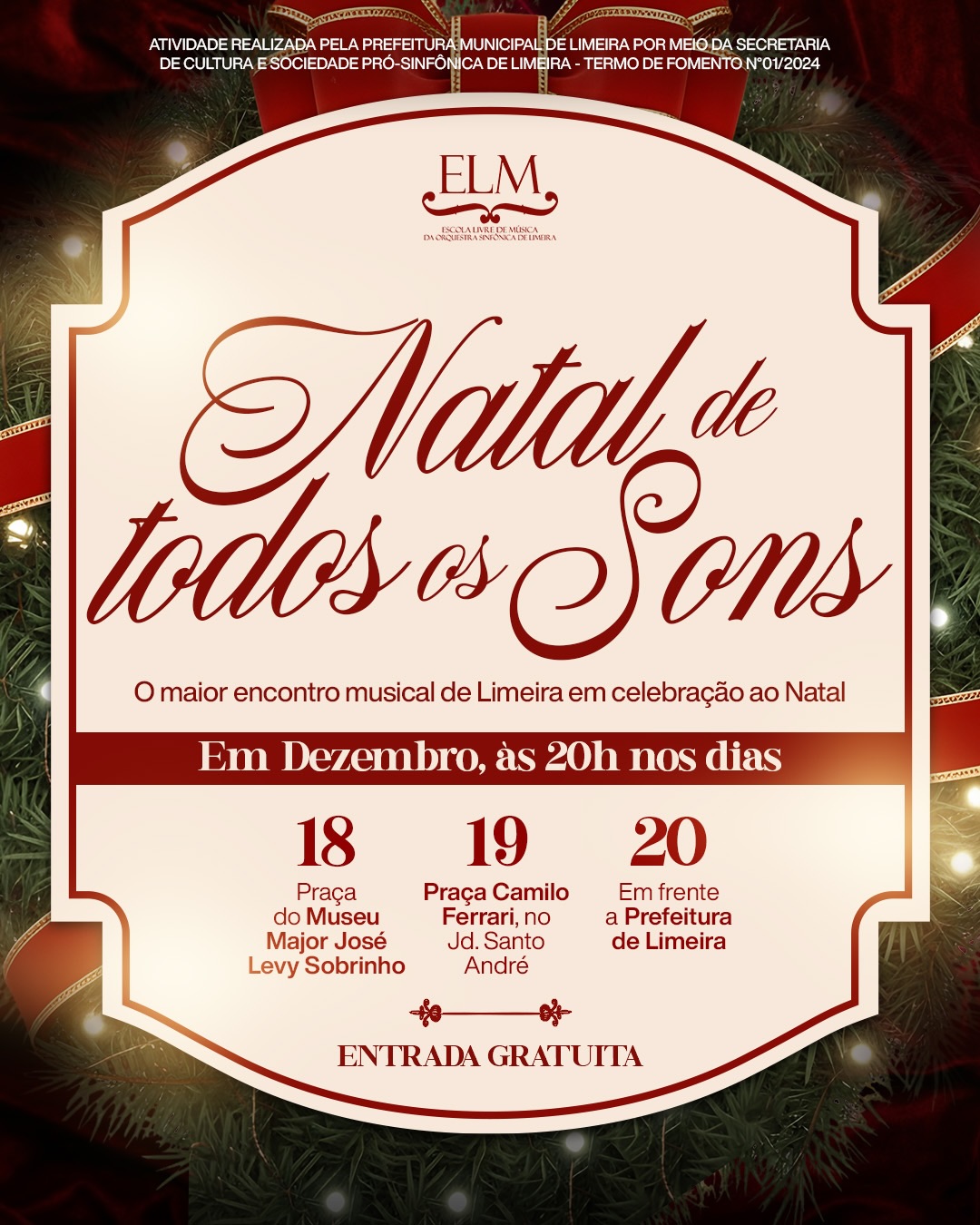 Em dezembro, a Escola Livre de Música (ELM), escola da Orquestra Sinfônica de Limeira (OSLI), realiza seu tradicional evento de comemoração natalina, “Natal de Todos os Sons”, criado em 2013 sob idealização e coordenação artística do Maestro Rodrigo Müller. A iniciativa tem o intuito de reunir os estudantes dos Núcleos Popular e Erudito e de todos os polos da ELM para celebrar o fim do ano letivo.
O repertório reúne canções tradicionais natalinas, consagradas nas festividades ao redor do mundo. Nesta celebração, egressos e estudantes dos cursos da ELM se apresentam em diferentes espaços da cidade para marcar a chegada do Natal, uma data profundamente significativa em nossa cultura, que encerra as atividades do ano e simboliza o fim de um ciclo, às vésperas de um novo ano.
Os espetáculos são gratuitos e realizados em espaços ao ar livre. Serão apresentados às 20h, nas seguintes datas e locais:
18/12 - Praça do Museu Major José Levy Sobrinho
19/12 - Praça Camilo Ferrari, bairro Santo André
20/12 - Prefeitura Municipal de Limeira (Agostinho Prada).
Convidamos a todos para celebrar conosco e encerrar, assim, o ano de 2025 com muita música!
Esta é uma realização da Sociedade Pró-Sinfônica de Limeira (SPSL) e da Prefeitura Municipal de Limeira, por meio da Secretaria Municipal de Cultura, com apoio do Termo de Fomento nº 01/2024.