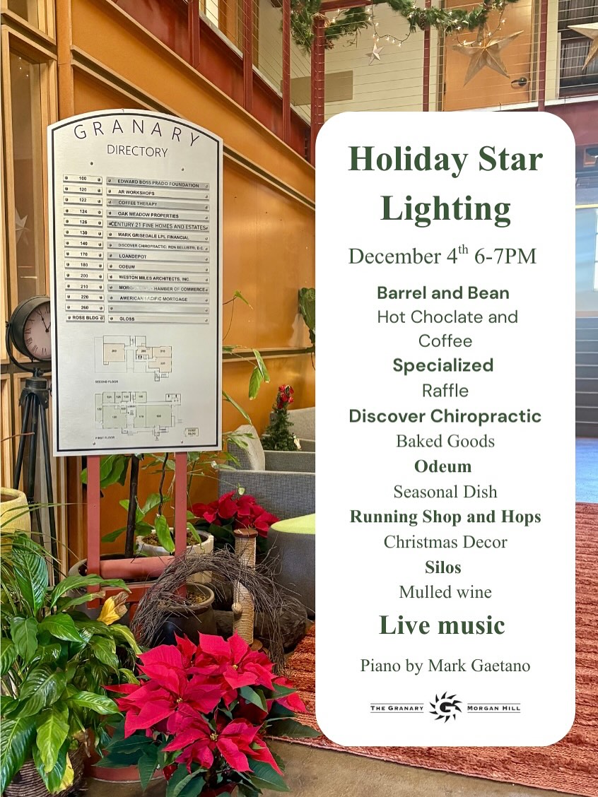 There’s still time to join us for tonight’s Holiday Star Lighting! ✨
This free, all-ages event is the perfect way to kick off the season join us light the Granary’s monumental star and enjoy festive piano music by @gaetano.mark while exploring your favorite places to shop and dine.
Grab your free tickets through the link in our bio. 🎄
- @visitmorganhillca @cityofmorganhill @mhcoc @momsofsouthcounty @destination_downtown_mh @cura_contemporary @cura_workshops @colibrigallery