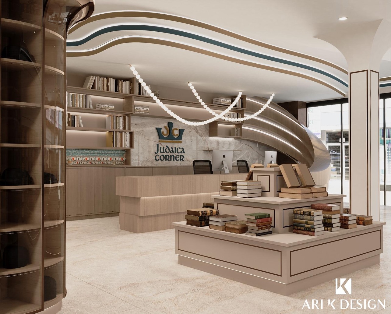Judaica Corner- a project I designed while working at @arikdesignny
This concept brings Judaica retail in Boro Park to a whole new level, with futuristic curves, sculptural forms, and warm grounded materials that keep the space familiar while still pushing the limits of what a retail experience here can look like.
The ceiling and curved cashier desk were the starting point, shaping the design language that carries throughout the entire space.