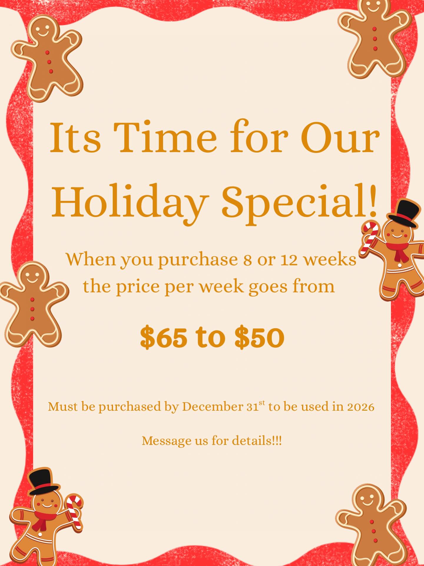It’s time for our annual Holiday package discount!
Have you ever wanted to work with a one on one nutrition coach? Has anyone in your gift giving circle mentioned an interest in getting some personalized coaching? Now is the time to purchase a package and receive a $15 discount per session when you purchase 8 or 12 weeks!
We meet with you weekly, measure your body composition progress on the InBody machine. Design very custom meal plans based on your goals and your lifestyle and your personal tastes!
- fat loss
- muscle gain
- maintenance education
- athlete nutrition
- glp1 support
- diabetes
- chronic illness
We have four coaches on staff and over 17 years of experience! And we have built our reputation on making our plans feel very normal and taste great!
Message us to purchase your package!
