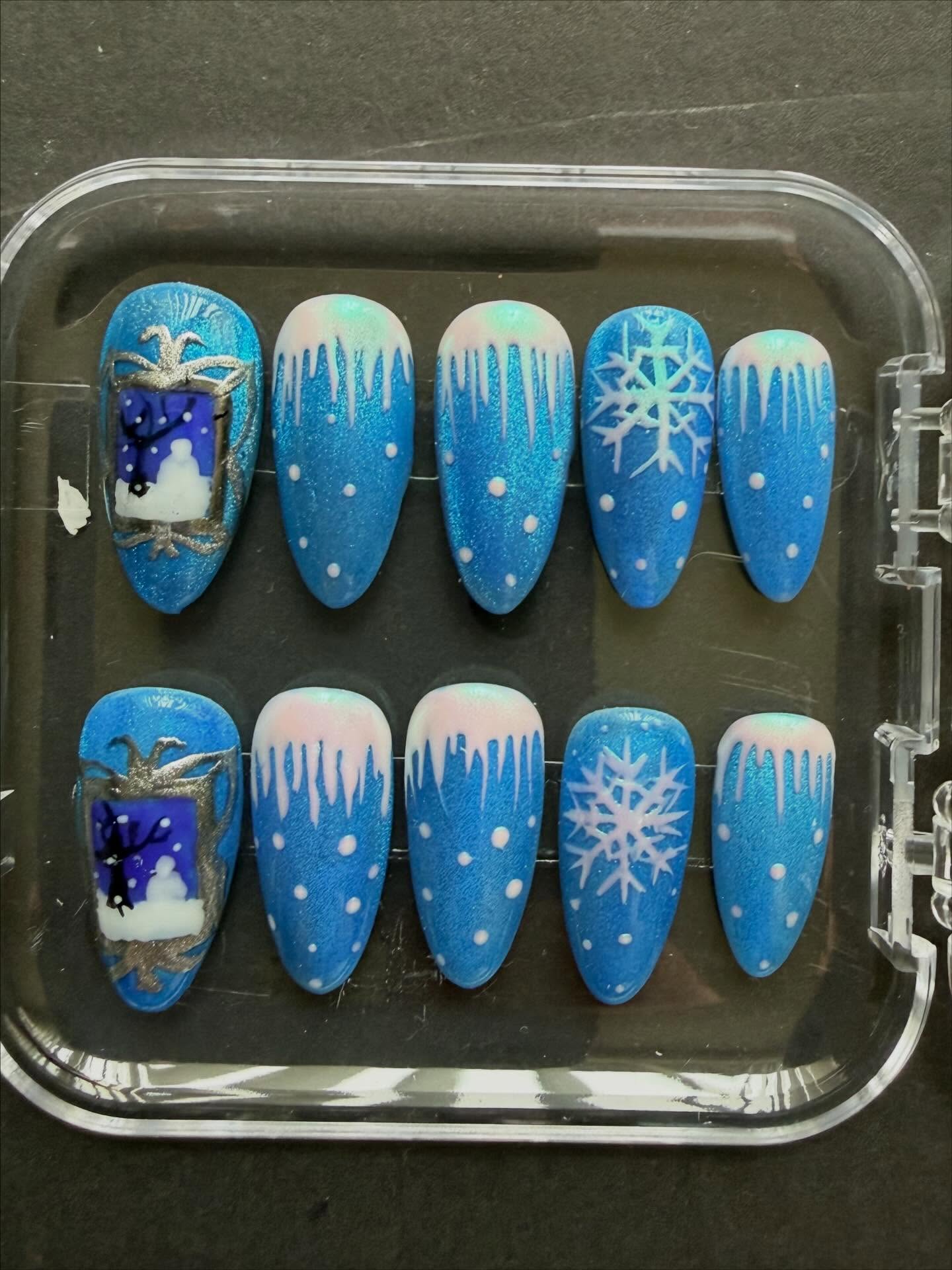 Hand painted Blue cat eye winter wonderland press on nails - Christmas cat eye nails #nailsnailsnails #christmasnails #