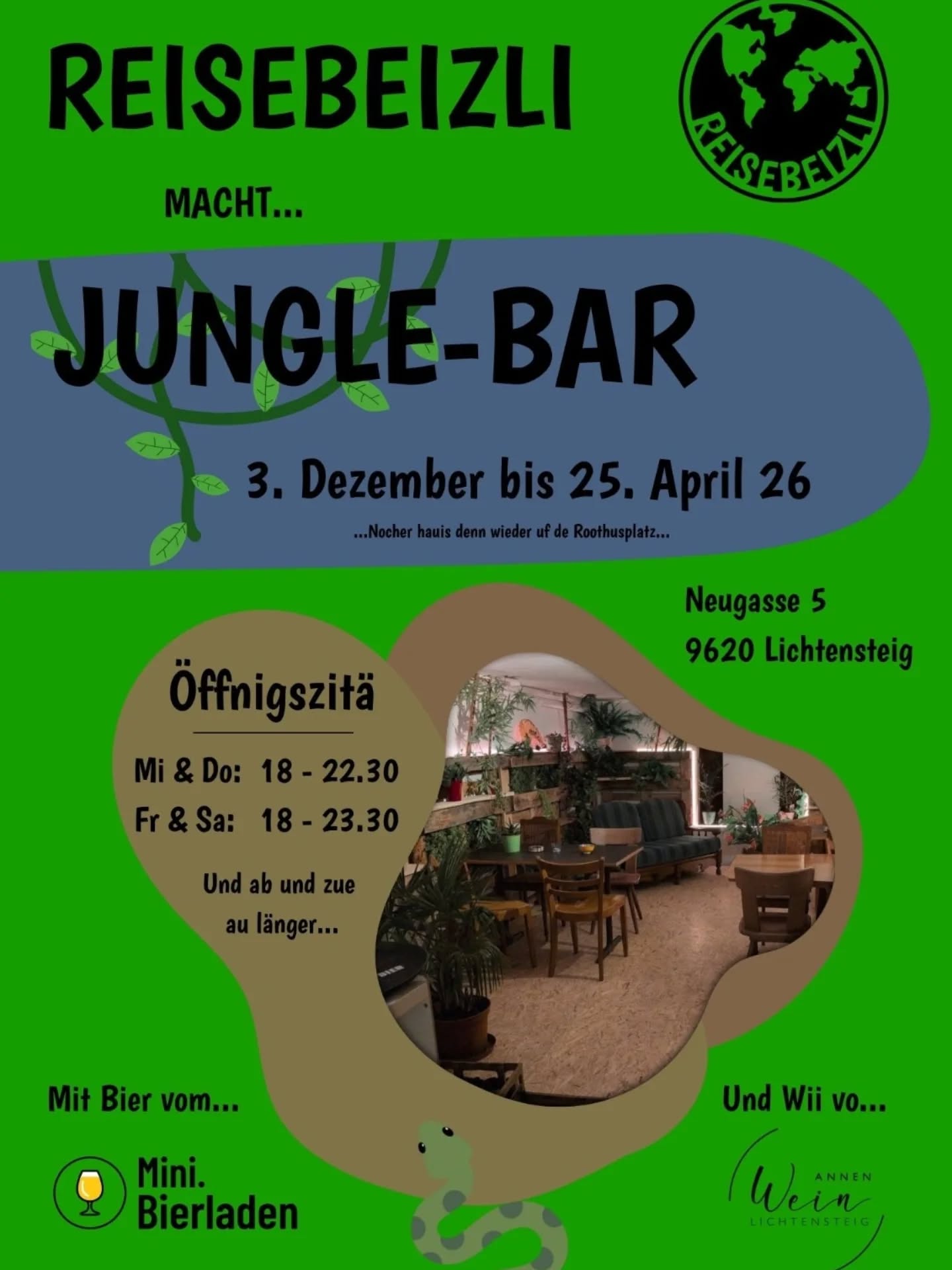 Reisebeizli macht Jungle-Bar!
Ez no mitem offizielle Flyer! Chönder de echt nochli umeteile?
Vom Dezember bis im April machi im alte Storche ade Neugasse 5 en Ort, wonner eu fühlet wie im Jungle ide Feriä.
Vo Mittwuch bis und mit Samschtig hani amigs abem 6i offä.
Wieder gits feins Bier vom @mini.bierladen und fabulöse Wii vo @annenwein Natürlich gits au alli klassische Drinks vom Summer wies Goldmelisseträumli. Uuuund Brand New Stuuuff! Wie Kafi Lutz, Winterbier, Espresso Martini und no viel meh!
Es git jede Dunstig irgend es Event und am Wuchenend lueget mer, dass mer kli Live-Musig chönd organisiere...
Wenner Hunger het gits wieder Esse vo 4 verschiedene Restis!
Kunsch au?
#reisebeizli #lichtensteig #RathausfürKultur #gnüsse #offä #Bier #Wein #Aperitif #Summerbar #Foodtruck #Reisefüdli #wowtoggenburg #gemeindelichtensteig #toggenburg #wiefunktioniertdamitdänehäshtägs #keiahnig #hörejetztufdemit
