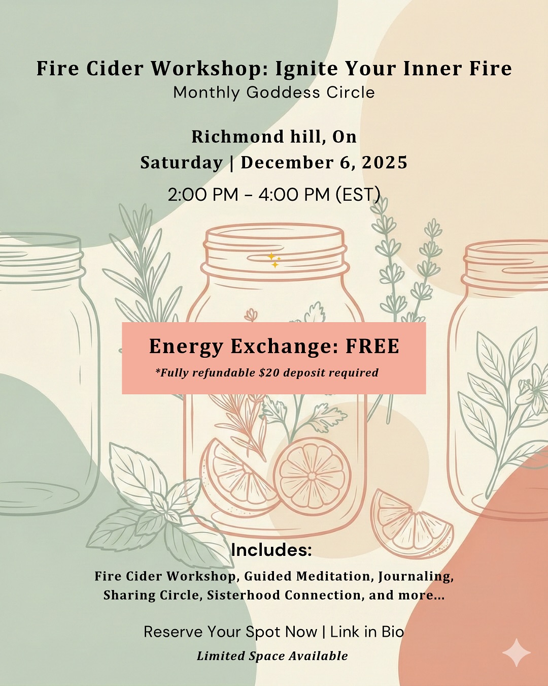 Warm up from the inside out.
As the seasons shift, it’s time to slow down and fortify our bodies.
Join us for an intimate afternoon dedicated to crafting your own batch of Fire Cider—a potent, traditional tonic rooted in folk herbalism.
We’ll chop, chat, and connect, creating a spicy, gut-healing remedy to carry you through the winter months.
You’ll leave with your own jar and the knowledge to keep brewing at home.
🍎 A Note on Ingredients: To ensure your tonic is fresh and personalized, participants are asked to bring their own ingredients. A detailed shopping list of roots, herbs, and citrus will be shared with you upon registration so you can gather exactly what you need!
The Details:
🗓 Dec 06, 2025
🕑 2:00 - 4:00 PM
📍 Richmond Hill, ON (exact location will be shared via email after registration)
Space is intentionally limited to keep the experience personal. Reserve your spot | link in bio 🔗
#firecider #herbalism #richmondhill #wellnessworkshop #immunityboost #winternature #DIYwellness