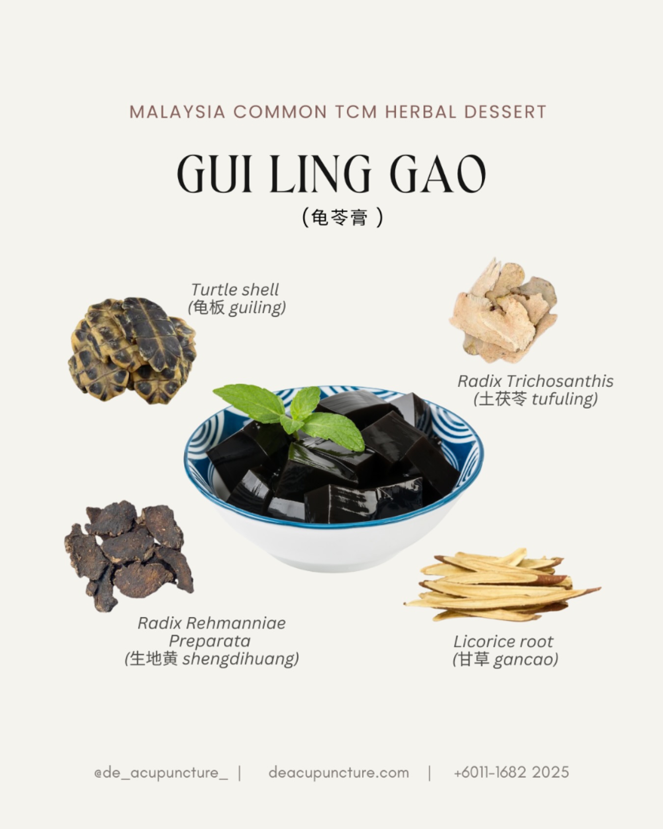 Guilinggao — A Bittersweet Delight 🍮
Guilinggao, a unique Chinese dessert, is like a mysterious potion with a bitter start and a sweet finish.
This jelly-like treat, often hailed as a health elixir, is packed with traditional Chinese herbs 🌿.
Why is Guilinggao so special?
➡️ A Taste Sensation:
It’s a love-hate relationship. The bitter taste might surprise you, but the aftertaste is a sweet reward.
➡️ A Health Boost:
Cool the body, clear heat, and improve digestion.
➡️ A Cultural Experience:
It’s a traditional Chinese dessert with a rich history.
While Guilinggao might not be everyone’s cup of tea (or should we say, bowl?), it’s definitely worth trying if you’re adventurous and curious about traditional Chinese medicine.
_
#traditionalchinesemedicine #中医 #tcm #wellness #health #mindfulness #selfcare #malaysia #KL #PJ #de_acupuncture_ #医心医意中医坊
#DeAcupuncturexHerbsCentre
//
👩🏻⚕️医心医意中医坊
De Acupuncture x Herbs Centre
🇲🇾Certified TCM Practitioners
📣Appointment only, no walk-ins
📍Subang Jaya USJ 1 诊所
🈺Tue-Sat 9am-6pm
☎️WhatsApp 011-1682-2025
🌐deacupuncture.com