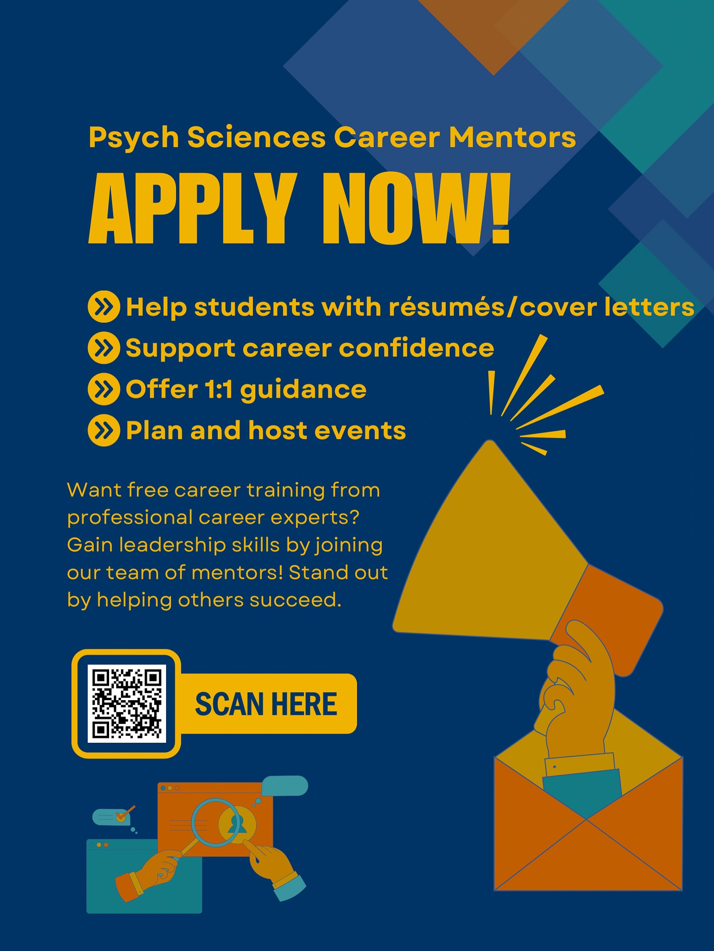 🚀 NOW RECRUITING: Psych Sciences Career Mentor Applications!
We’re building a team of motivated students who want to support peers with résumés, cover letters, grad school prep, and career confidence. This is a chance to gain leadership experience, elevate your professional skills, and make a real impact in our department. 🙌
📌 Provide 1:1 guidance
📌 Help host events
📌 Build your résumé while helping others
Scan the QR or hit the link in our bio to apply & join us next semester — we can’t wait to work with you! ✨
Please submit by January 12, 2026. Applications reviewed on a rolling basis.