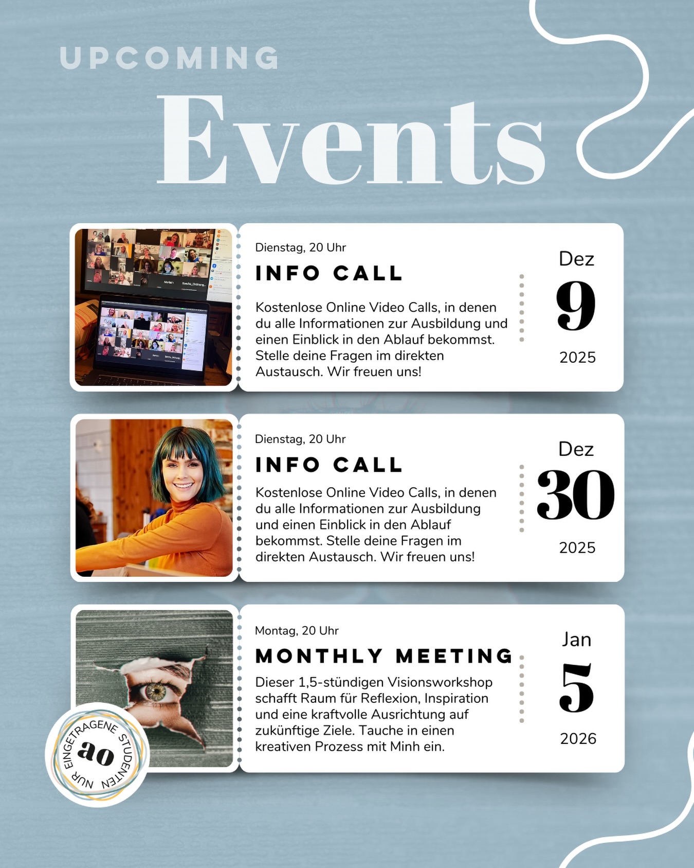 DER JAHRESENDSPURT IST DA 🎉
Und damit auch neue Möglichkeiten, dich zu informieren, zu connecten und inspiriert ins neue Jahr zu starten. Unsere nächsten Events stehen schon fest, und du bist herzlich eingeladen, live dabei zu sein!
Du bist neu hier und interessierst dich für die Ausbildung zum zertifizierten Ordnungscoach?
👉🏼 Dann sind unsere kostenlosen Info Calls genau das Richtige für dich!
Hier bekommst du:
✨ einen klaren Überblick über den Ablauf
✨ spannende Einblicke in den Lernalltag
✨ Antworten auf all deine Fragen
✨ einen direkten Austausch mit unserer Gründerin Isabella Franke von @thehomehabit
Zwei Termine:
Dienstag, 09. Dezember 2025 um 20 Uhr
Dienstag, 30. Dezember 2025 um 20 Uhr
Du bist bereits Teil unserer Community?
👉🏼Wir haben den perfekten Kickstart für dich ins neue Jahr!
Unser Monthly Meeting ist ein 1,5-stündiger Visionsworkshop für alle Absolventinnen und eingeschriebenen Studentinnen der Akademie der Ordnung.
Hier erwartet dich:
✨ Raum für Reflexion
✨ Inspiration und kreative Impulse
✨ eine klare Ausrichtung auf deine Ziele für 2026
✨ ein intensiver Austausch und ein kreativer Prozess begleitet von Minh
Termin:
Montag, 05. Januar 2026 um 20 Uhr
Habt ihr Lust drauf? 🥳
#ordnungscoach #communityevent #akademiederordnung