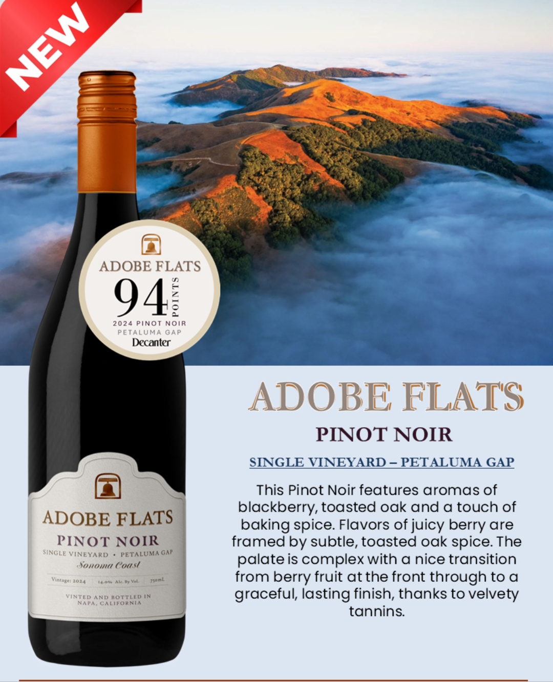 Discover the exquisite Adobe Flats Single Vineyard Pinot Noir. An incredible value at under $25! 🍷 With a stunning 94 Points, this is a must-try for any wine lover. Don't miss out on this gem! #WineDeals #PinotNoir #WineLovers