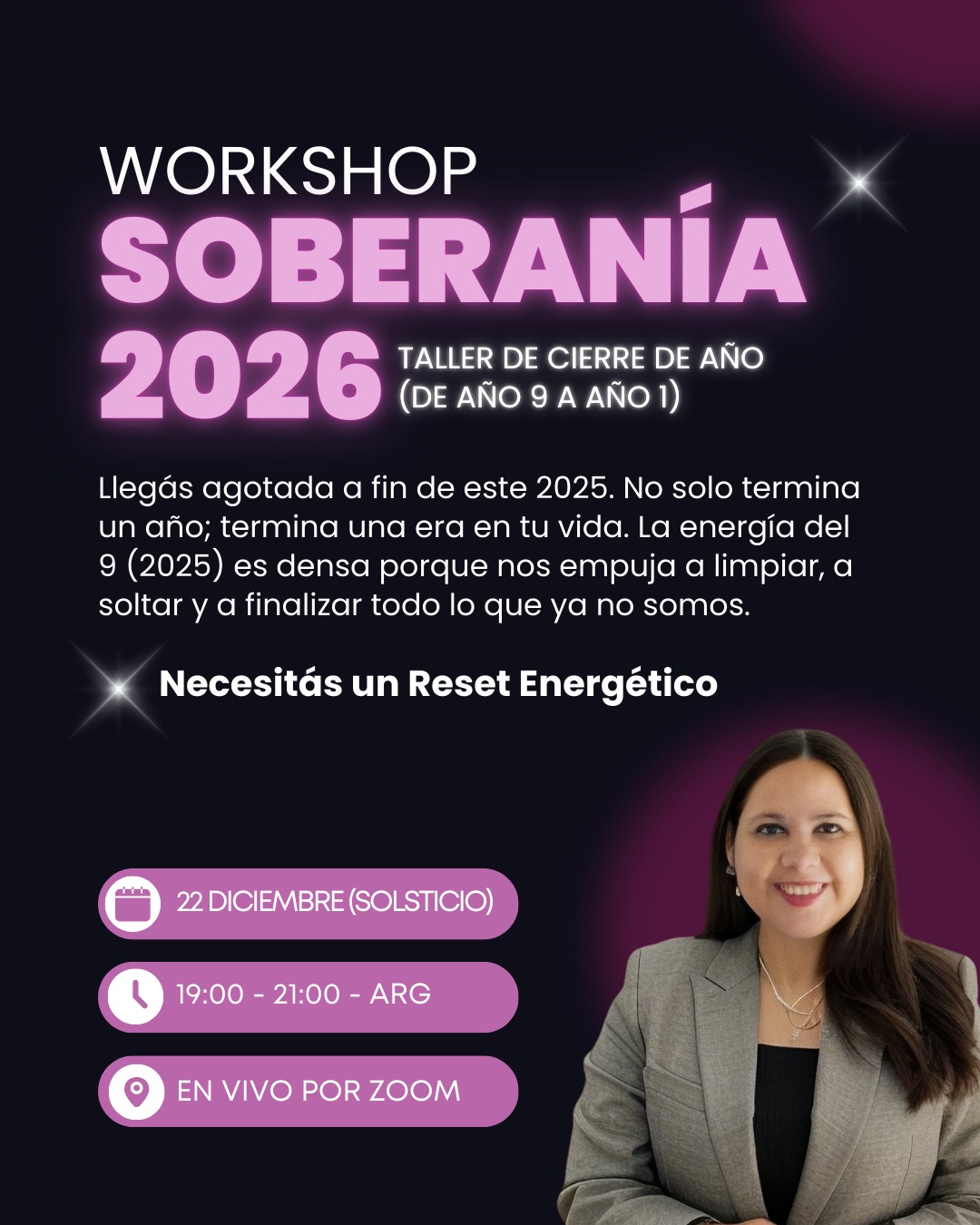 👑 SOBERANÍA 2026: TALLER DE RESET ENERGÉTICO (DE AÑO 9 A AÑO 1)
"Llego agotado a fin de año y no quiero empezar el 2026 igual".
Si esta frase resuena en tu cuerpo, pará un segundo. Tengo una noticia importante: 🛑
No solo termina un año; termina una era en tu vida. La energía del 9 (2025) es densa porque nos empuja a limpiar, a soltar y a finalizar todo lo que ya no somos. Necesitás un Reset Energético.
¿Por qué la mayoría de los propósitos de Año Nuevo fracasan en febrero?
Porque intentamos construir un futuro nuevo sobre una estructura energética vieja, cansada y fragmentada.
Si no hacés el cierre consciente ahora, vas a entrar al 2026 (Año 1 Universal) arrastrando energía vieja. El Año 1 es la semilla. Lo que siembres al inicio, va a crecer durante los próximos 9 años. No podés sembrar un futuro nuevo con semillas viejas.
El 2026 no se "espera". Se diseña con Soberanía.
Si sentís que llegás a diciembre con la batería al 10%, tu cansancio no es solo físico. Es que tenés fragmentos de tu energía vital atrapados en las preocupaciones, las peleas y las lealtades del año que termina.
Durante el 2025, en cada momento de estrés, miedo o duda, dejaste un pedacito de tu poder. La verdad es esta: No podés manifestar un 2026 expansivo si tu energía sigue secuestrada en el 2025.
¿Qué vamos a hacer? Olvidate de recortar revistas. No vamos a hacer un mapa de sueños. Vamos a hacer una cirugía energética.
🎁 ¿QUÉ INCLUYE EL TALLER?
Al sumarte, recibís el acceso completo a la experiencia:
✅ Acceso al taller en VIVO por Zoom (2 hs de inmersión total).
✅ Grabación de por vida (para que lo repitas cuando quieras).
🎁 Bonus 1: PDF descargable del "Decreto Maestro" diseñado para tu altar.
🎁 Bonus 2: Audio exclusivo "Recupero de Energía Express". Tu botiquín de emergencia para usar durante todo el año cuando el entorno te drene.
🗓 CUÁNDO: Lunes 22/12 (Solsticio) a las 19hs.
💎 INVERSIÓN: $33.000
🔒 CUPO: Limitado para sostener la energía del grupo.
👇 ¿LISTA PARA RECUPERAR TU PODER? Comenta la palabra RESET y te envío el link de inscripción y más info por privado.
