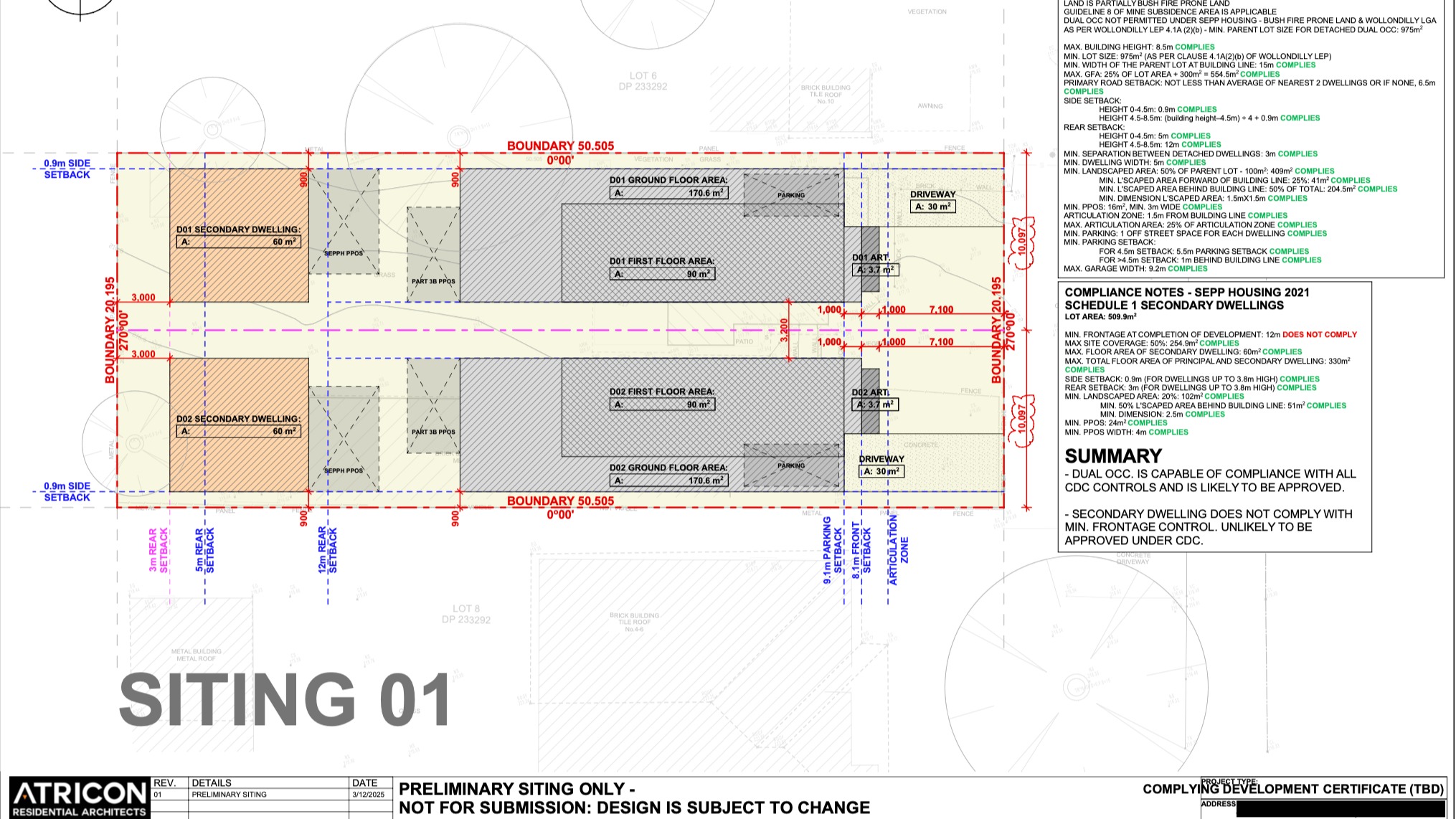 Build-to-Rent Feasibility | 1000m² Site
📍 Wilton NSW 2571
Our client approached us with a clear objective: maximise rental yield on a 1000m² block to suit their Build-to-Rent development strategy.
We conducted a comprehensive review of all relevant planning controls and prepared both CDC-compliant and DA-compliant siting diagrams, exploring an arrangement of two homes, each with a granny flat.
🔹 CDC Pathway: Dual occupancy is permitted; however, granny flats are not achievable under this configuration due to a minimum frontage non-compliance.
🔹 DA Pathway: A single variation relating to minimum frontage was identified. Following consultation with the Wollondilly Shire Council planner, we were advised the variation is supportable provided all other controls are met.
After reviewing both pathways, we advised our client to proceed with a DA approval strategy. Concept design is now underway 🤝