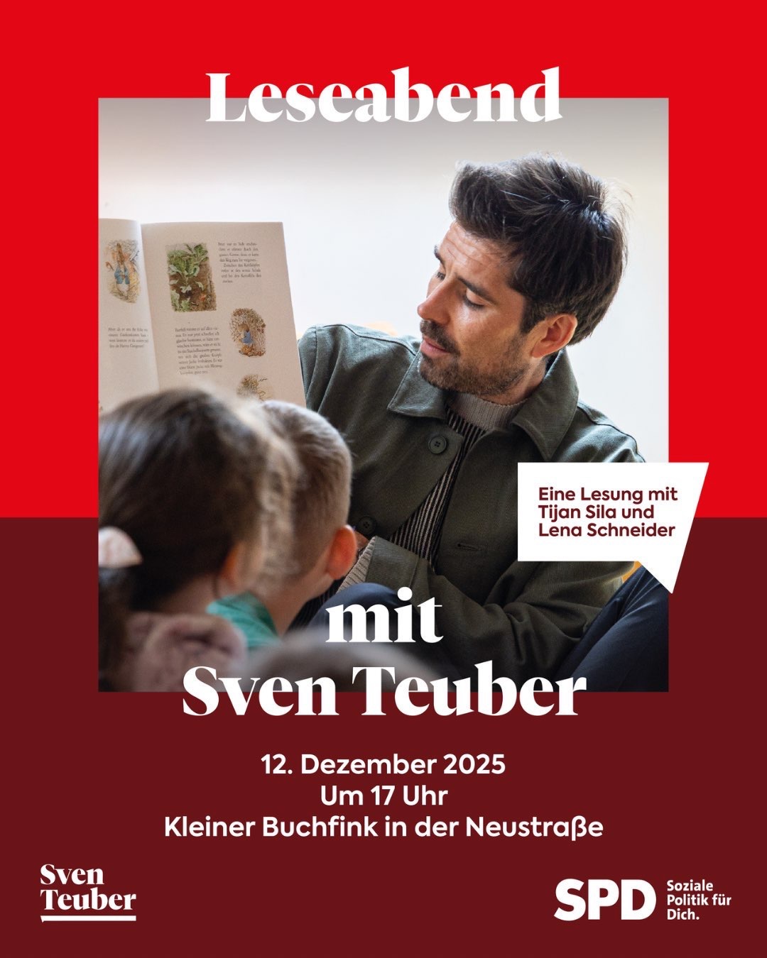 📚 Lesen und Vorlesen machen Freude, verbinden und bilden automatisch. Ich bin ein leidenschaftlicher Leser und auch Vorleser in Kitas und Schulen. Gerade in der Vorweihnachtszeit ist das gemeinsame Schmökern besonders schön. 🎄
Ich freue mich, euch zu meinem bereits 2. Leseabend in die wunderbare Buchhandlung „Der Kleine Buchfink“ einladen zu dürfen. Zu Gast habe ich Tijan Sila und Lena Schneider. Bestsellerautor und -autorin mit ihrem 2. Band von Lila Leuchtfeuer. Und auch ich greife zum Buch.
🎫 Sichert Euch die Tickets hier:
https://www.ticket-regional.de/events_info.php?eventID=248525
#trier #leseabend #sventeuber #tijansila #lilaleuchtfeuer #vorlesen #buch #kinderbuch #jugendbuch #lesung #familie #trierimlandtag