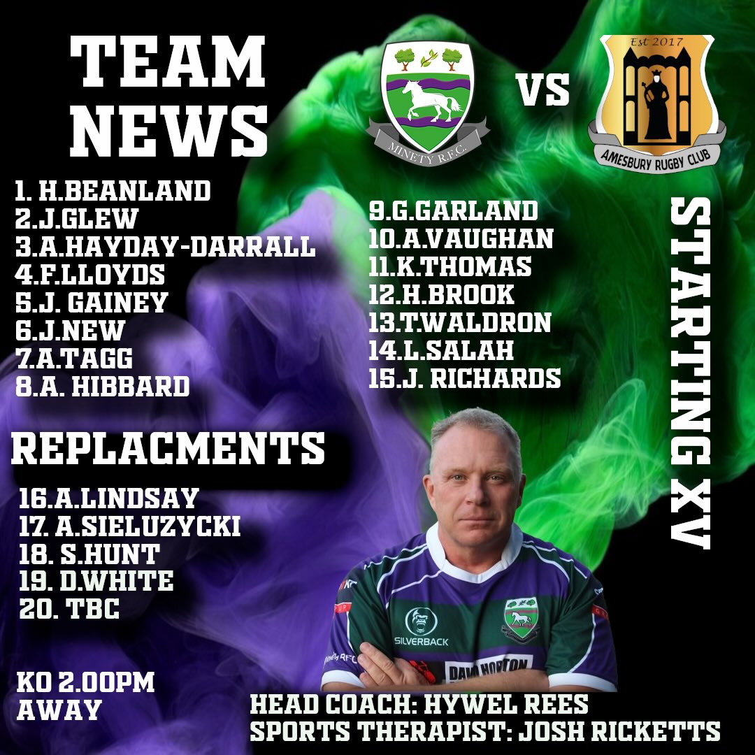Your Minety team to take on Amesbury this weekend!! 2pm KO.
Poster boy this week the one the only Andy Hayday-Darrall.
Hopefully admin spelt hit name right on the team sheet this week 👀👀👀
Bring the noise bring the passion hopefully we can maintain our place at the top of the league! 💚💜