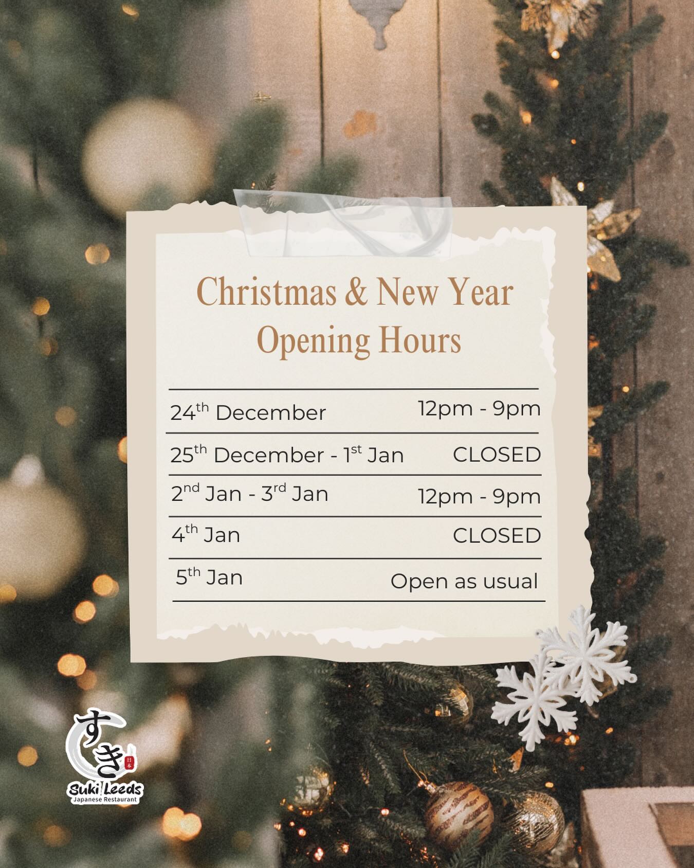 Christmas & New Year Opening Hours ✨
Please take a moment to check our holiday opening times. We’re incredibly grateful for your support throughout the year, and we can’t wait to welcome you during the festive season. 🎄
Stay merry, stay bright — see you soon! ❤️