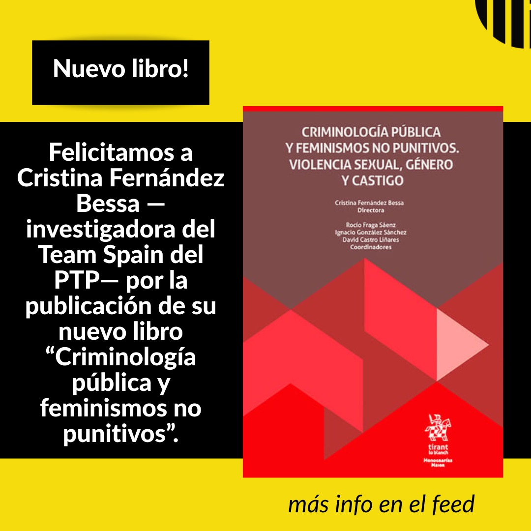 ES - EN - FR
📚 ¡Nuevo libro!
✨ Felicitamos a Cristina Fernández Bessa —investigadora del Team Spain del PTP— por la publicación de su nuevo libro “Criminología pública y feminismos no punitivos”.
Este volumen incluye capítulos escritos por varias integrantes del Prison Transparency Project: Ana Ballesteros Pena, Monisha Logan, Neha Chugh, Dawn Moore y Catherine Chesnay. ¡Nuestras felicitaciones también para ellas!
💜 Esperamos poder leerlas muy pronto.
📖 El link para adquirirlo se encuentra en nuestra bio.
_________________
📚 New book!
✨ Congratulations to Cristina Fernández Bessa —researcher of the PTP Team Spain— on the publication of her new book “Public Criminology and Non-Punitive Feminisms.”
The volume includes chapters written by several members of the Prison Transparency Project: Ana Ballesteros Peña, Monisha Logan, Neha Chugh, Dawn Moore, and Catherine Chesnay. Congratulations to all of them as well!
💜 We look forward to reading their work soon.
📖 The link to purchase the book is available in our bio.
______________________
📚 Nouveau livre !
✨ Félicitations à Cristina Fernández Bessa —chercheuse du Team Spain du PTP— pour la publication de son nouveau livre « Criminologie publique et féminismes non punitifs ».
Cet ouvrage comprend des chapitres rédigés par plusieurs membres du Prison Transparency Project : Ana Ballesteros Peña, Monisha Logan, Neha Chugh, Dawn Moore et Catherine Chesnay. Félicitations à elles également !
💜 Nous avons hâte de pouvoir les lire.
📖 Le lien pour l’acquérir se trouve dans notre bio.
@cris_ferbes
@monishalogan6
@anaballesterospena