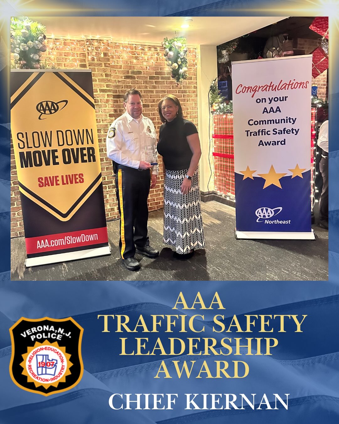 The Township of Verona has been awarded the 2025 Traffic Safety Gold Award for our community’s continued commitment to keeping our roadways safe!
This recognition reflects the hard work of our officers, township partners, and residents who prioritize safety every day.
We are also honored to share that Chief Kiernan received the prestigious AAA Traffic Safety Leadership Award, recognizing his vision and dedication to advancing traffic safety initiatives throughout Verona.
Over the past year, the Township has secured more than $40,000 in state and federal grants focused on pedestrian safety, enforcement, and technology-driven analysis. These resources allow us to expand our data-driven enforcement efforts, enhance safety around our schools and business districts, and remain a leader in Essex County and across New Jersey.
Thank you to our community for your ongoing support. Together, we continue to make Verona one of the safest places to live, work, and travel.
#veronapd #vpd #veronapolice