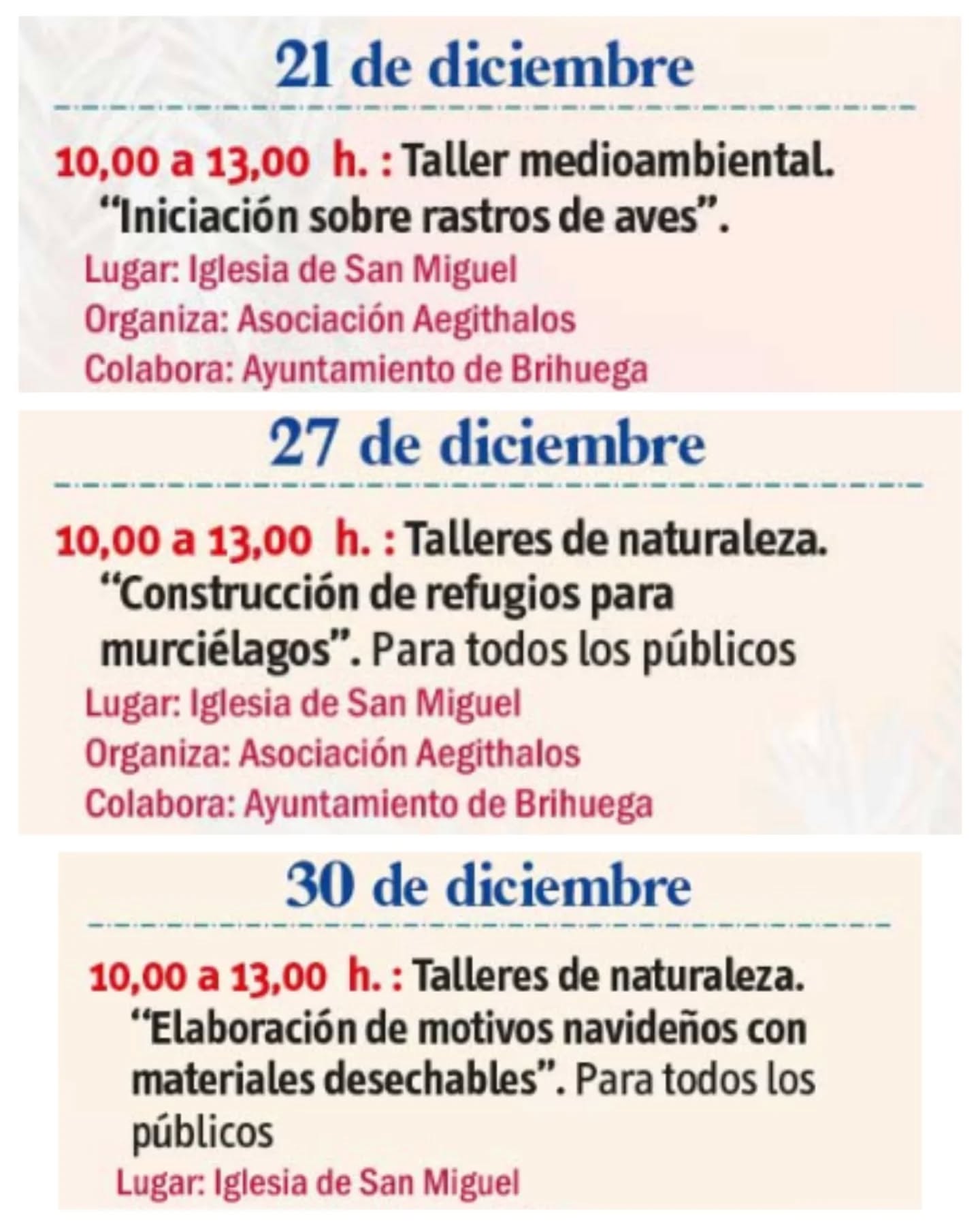 🔈Estas 🌲 Navidades 🌲 disfruta de las actividades que tiene nuestra asociación dentro del Programa Cultural de Navidad e Invierno del Ayuntamiento de Brihuega:
- 21 de diciembre: Taller medioambiental. “Iniciación sobre rastros de aves”. (10,00 a 13,00 h.) 🐦
- 27 de diciembre: Talleres de naturaleza. “Construcción de refugios para murciélagos”. Para todos los públicos. (10,00 a 13,00 h.) 🦇
- 30 de diciembre: Talleres de naturaleza. “Elaboración de motivos navideños con materiales desechables”. Para todos los públicos. (10,00 a 13,00 h.) 🎁🎄🎅
Lugar: Iglesia de San Miguel
Más información en: https://brihuega.es/noticias/brihuega-te-invita-a-vivir-una-navidad-llena-de-luz-encanto-y-tradicion/
#Brihuega #programaculturalnavidadeinvierno #naturaleza #aves #murcielagos #reciclaje #navidad