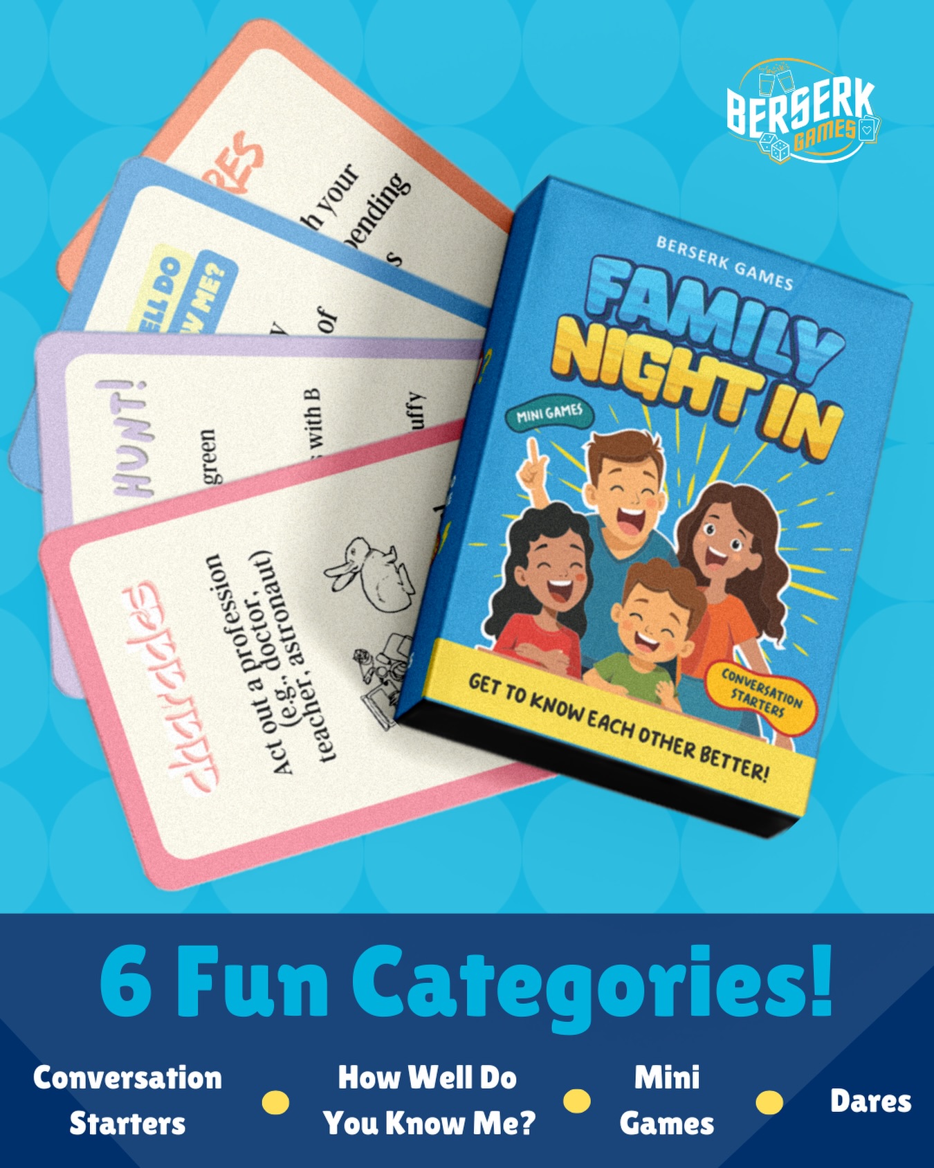 🎉 6 categories. 1 box. unlimited laughs.
Say hello to family night in — the game that gets everyone talking, guessing, acting, and laughing ’til it hurts.
From silly dares to mini games to “how well do you know me?” moments… this isn’t just a game, it’s a family bonding masterclass.
📦 Available now on our website + Amazon!
#familynightin #berserkgames #familygames #familygamesnight #cardgamesforkids #familyfun #conversationstarters #gamesforeveryone #gamenight