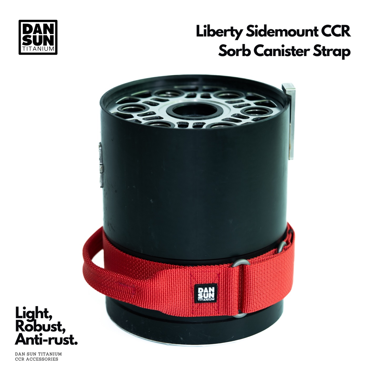 Don’t worry if, after a restricted cave dive, you need a new Liberty Sidemount Sorb Canister strap. :) The titanium rings, heavy-duty webbing, improved Velcro, and bright “Liberty Red” will lift your unit and your spirits.
Available NOW at dansuntitanium.com