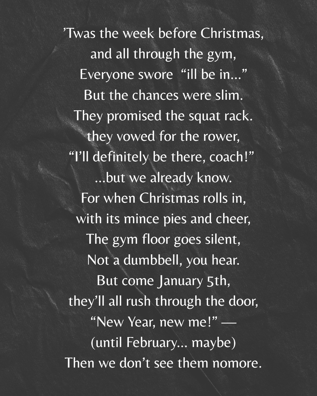 'Twas the seasonโฆ
I see you
โIโll be in over Christmas, coach.โ
โIโll keep it ticking over.โ
โJust a few mince pies, Iโll train it off.โ
Then January rolls inโฆ
New Year, New Me
All the motivation
Until Februaryโฆ maybe.
This year, donโt be that person.
You donโt need perfection, detoxes, or punishment workouts.
Just a bit of consistency, a bit of movement, and a bit of sense.
Enjoy the food.
Enjoy the time off.
And when youโre ready โ I'll still be here.
Happy Christmas
Train smart.
Laugh lots.
See you when it counts.
#christmas #fitness #newyearnewme